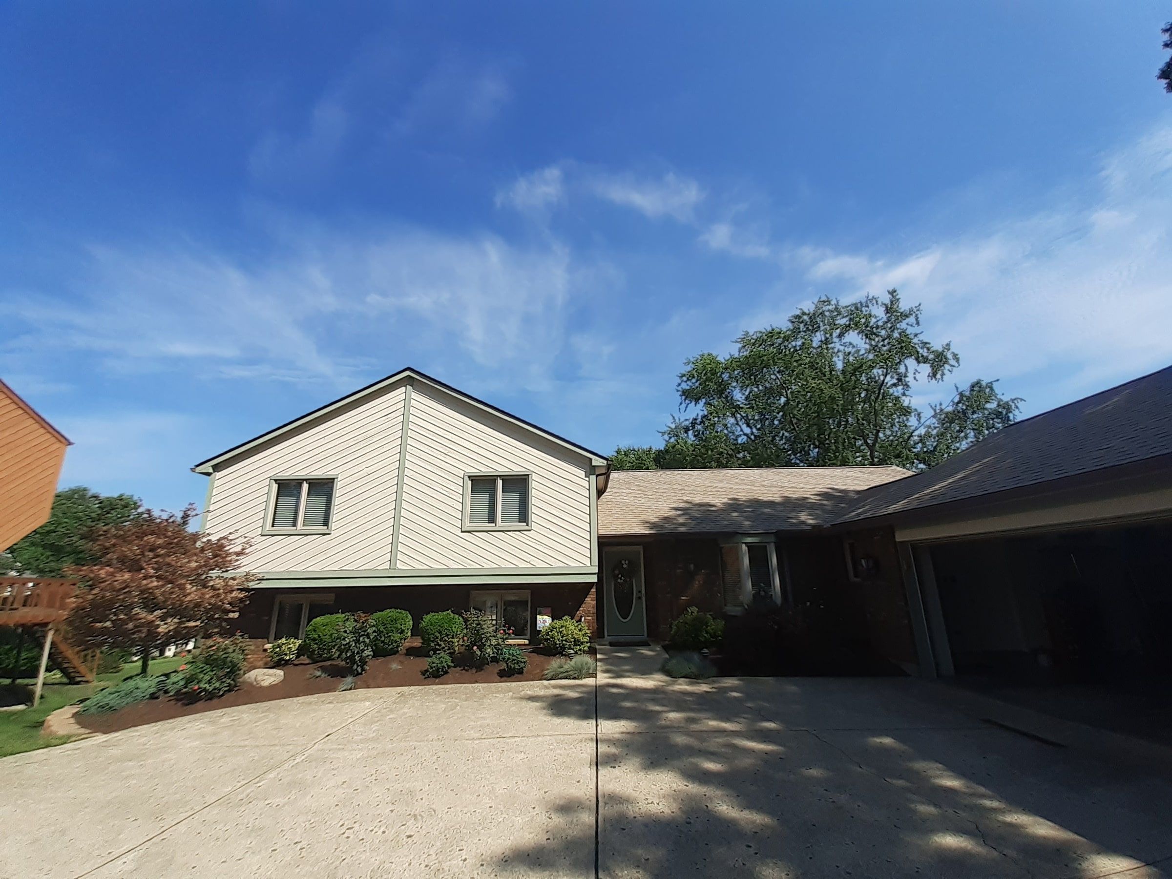Front of the house from the driveway with the completed roof, Jamestown, Ohio.