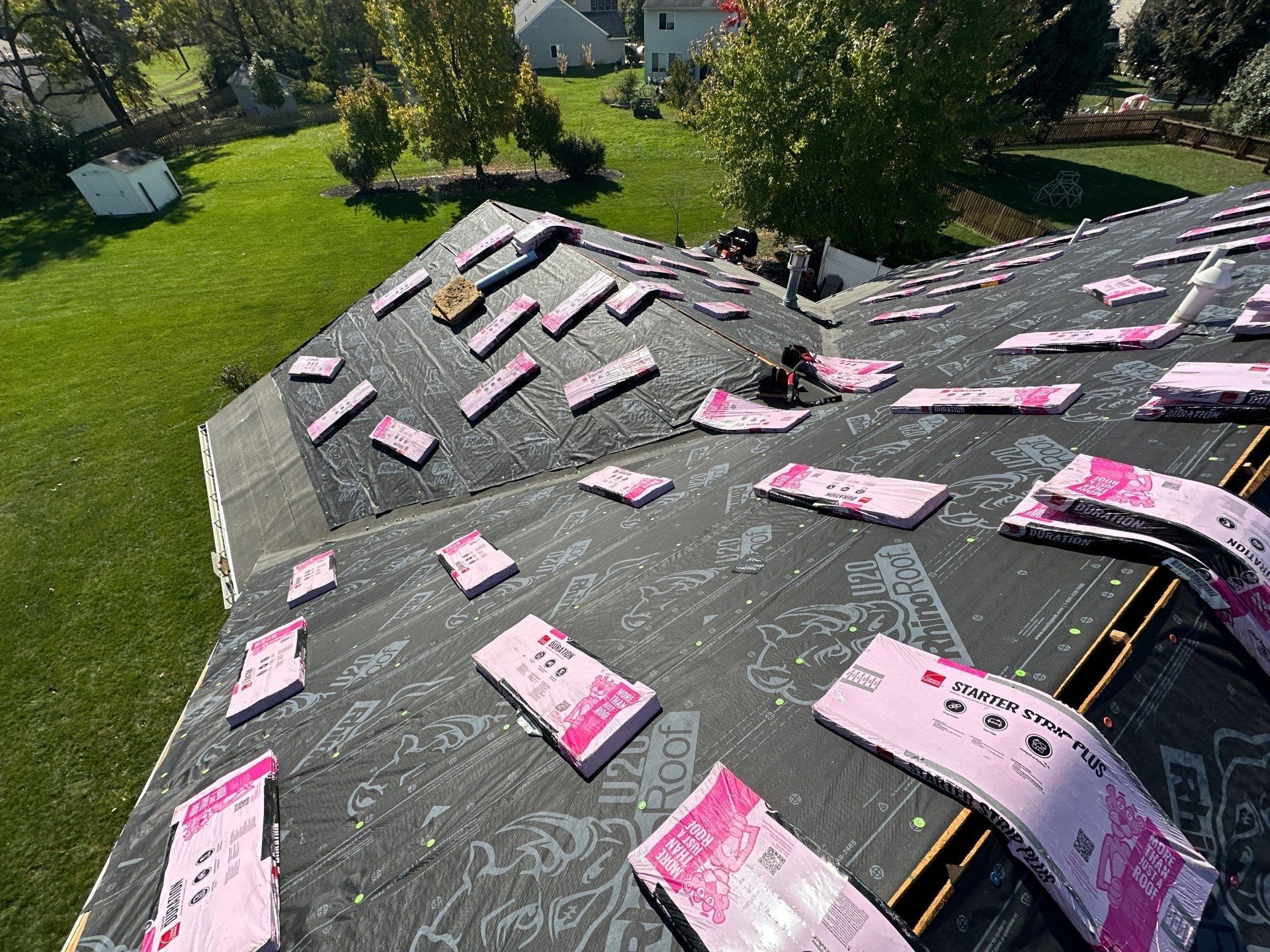 Starter strip and shingle bundles staged on a back section, Beavercreek, Ohio.