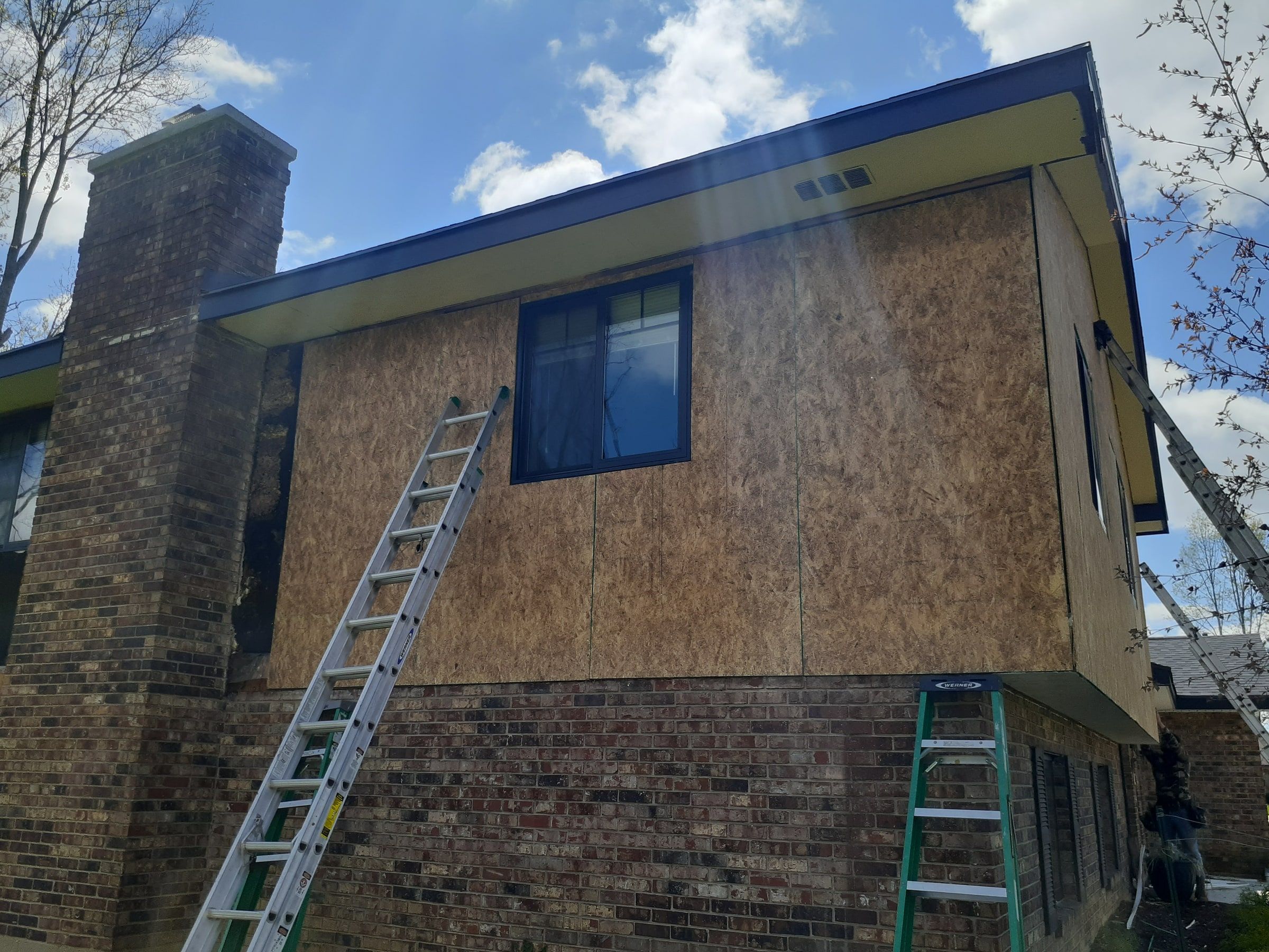 OSB sheathing on the chimney side of the upper story, Beavercreek, Ohio.