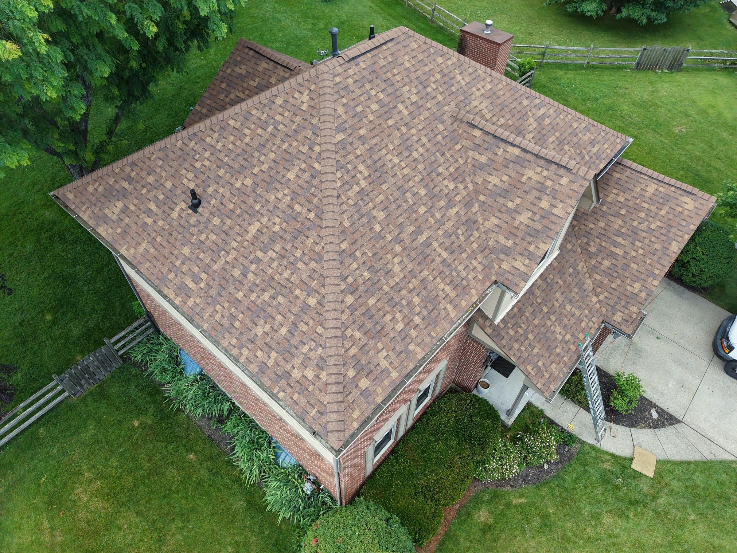 Drone photo of the finished roof above the back corner of the house, Beavercreek, Ohio.
