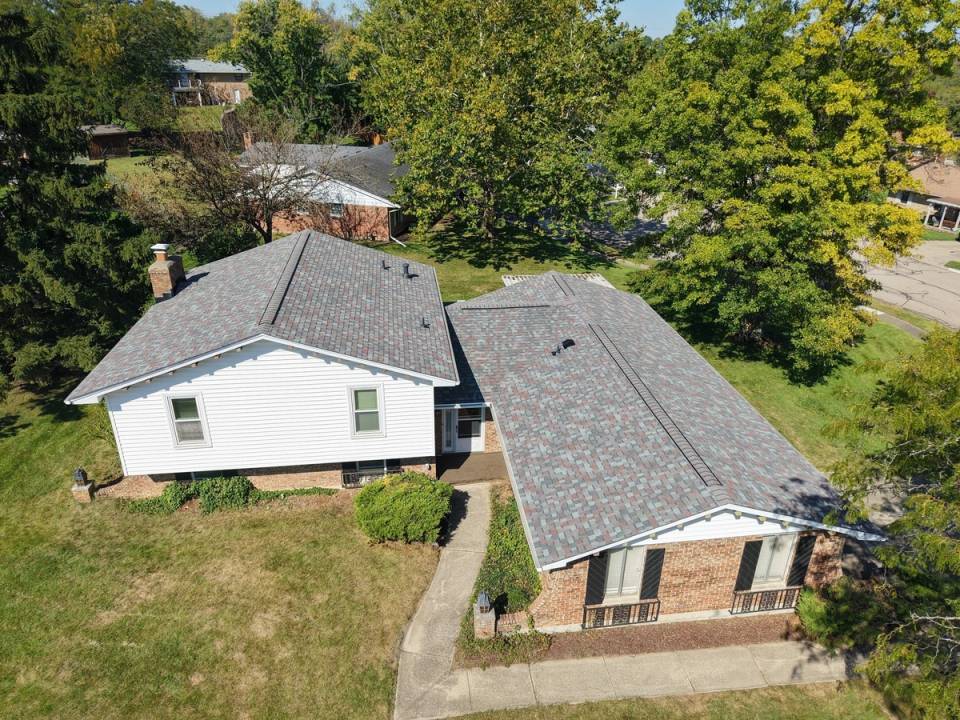 The finished roof from the air, over the white siding and brick front, West Carrollton, Ohio.