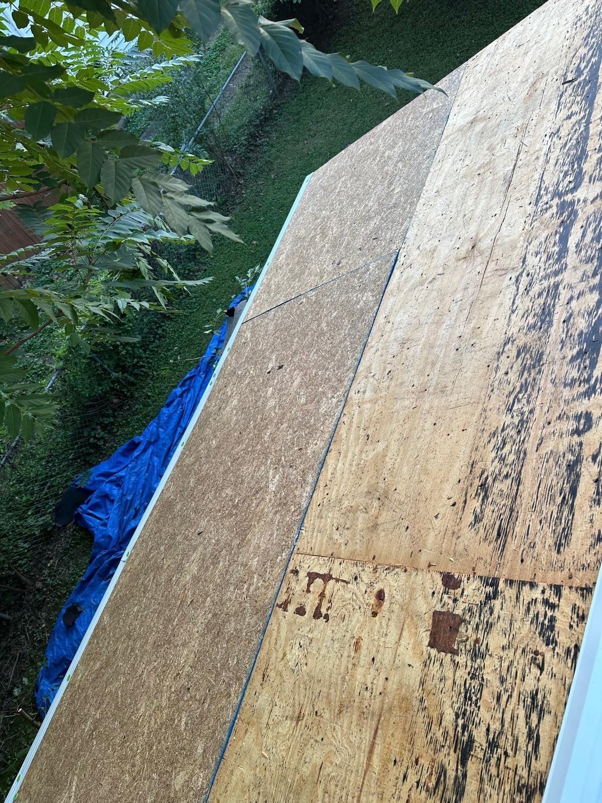 A sheathing panel along the roof edge beside the trees, Beavercreek, Ohio.