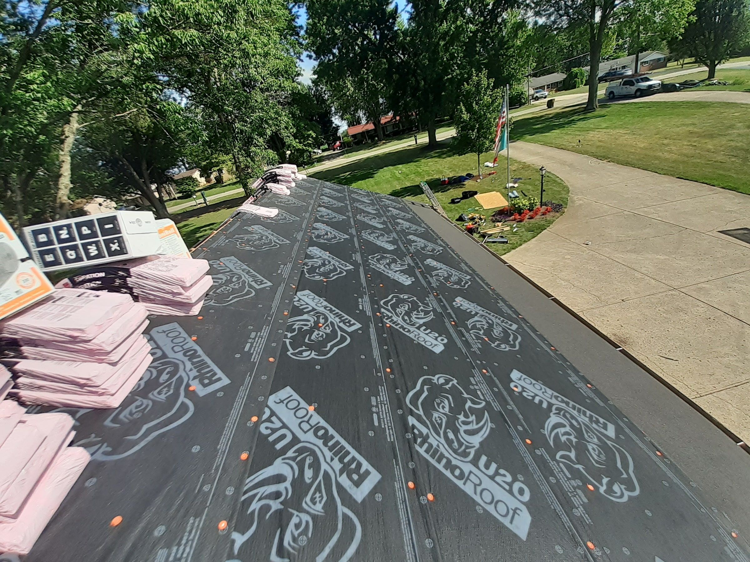 Underlayment along the front slope above the driveway, Jamestown, Ohio.