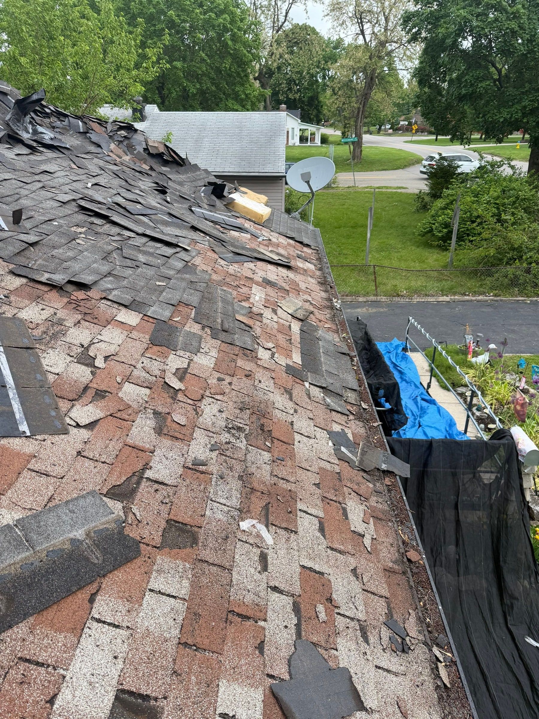 Ridge shingles and tarps over the eave