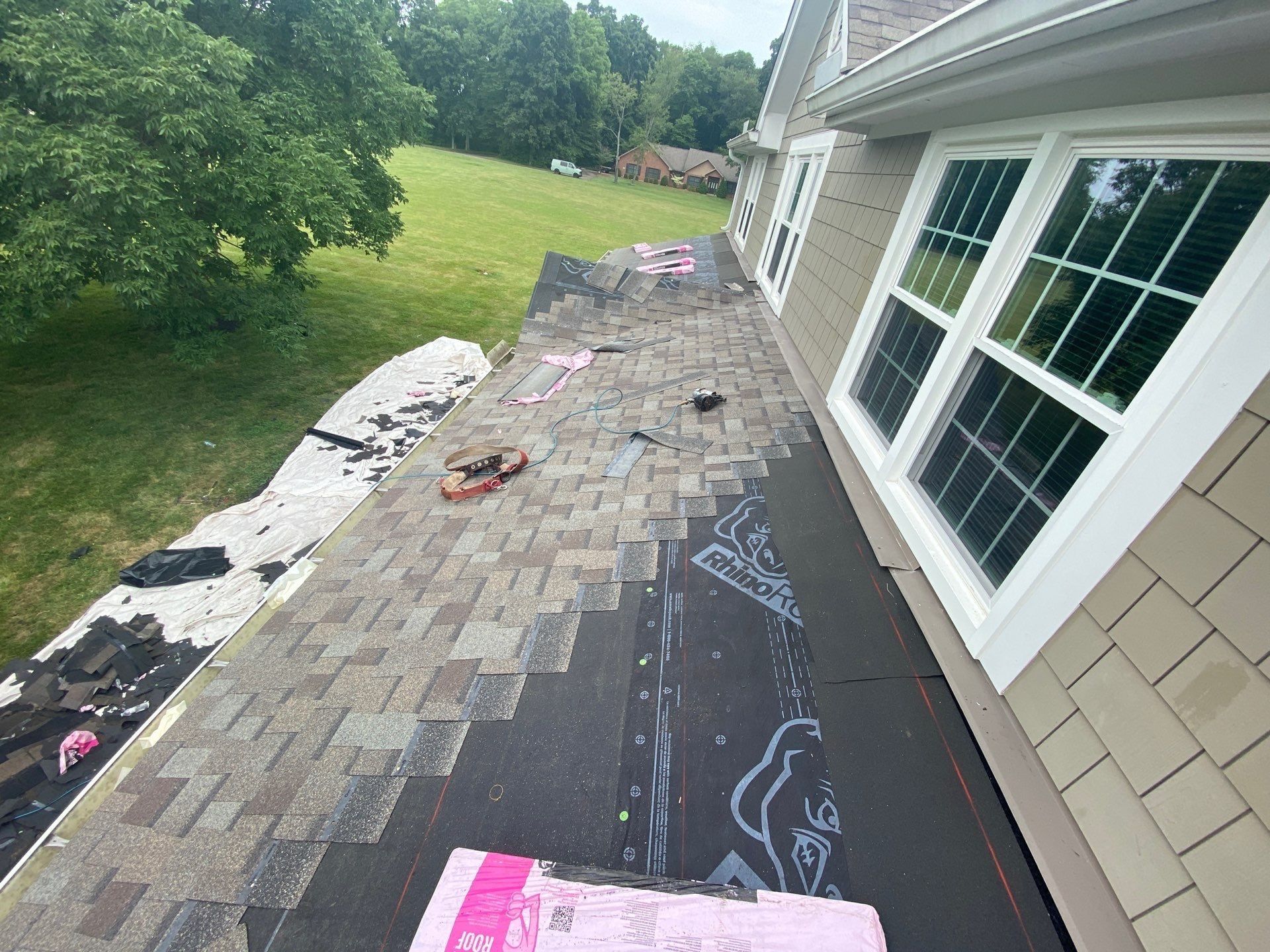 New shingles running along the sidewall of the lower roof, Yellow Springs, Ohio.