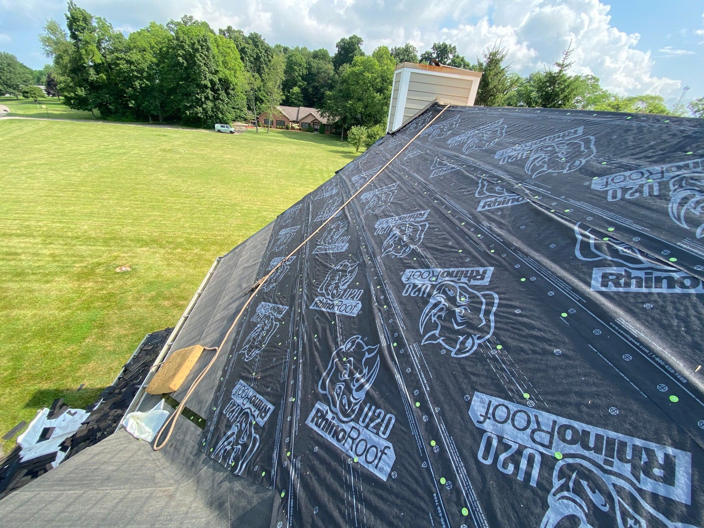 RhinoRoof synthetic underlayment covering the upper slope, Yellow Springs, Ohio.