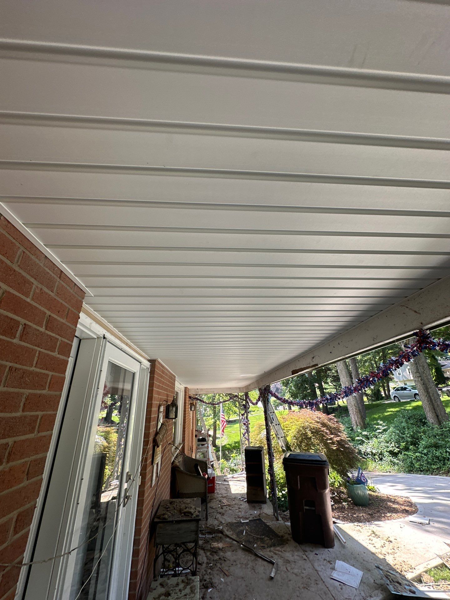 New white soffit under the porch roof after replacement, Beavercreek, Ohio.