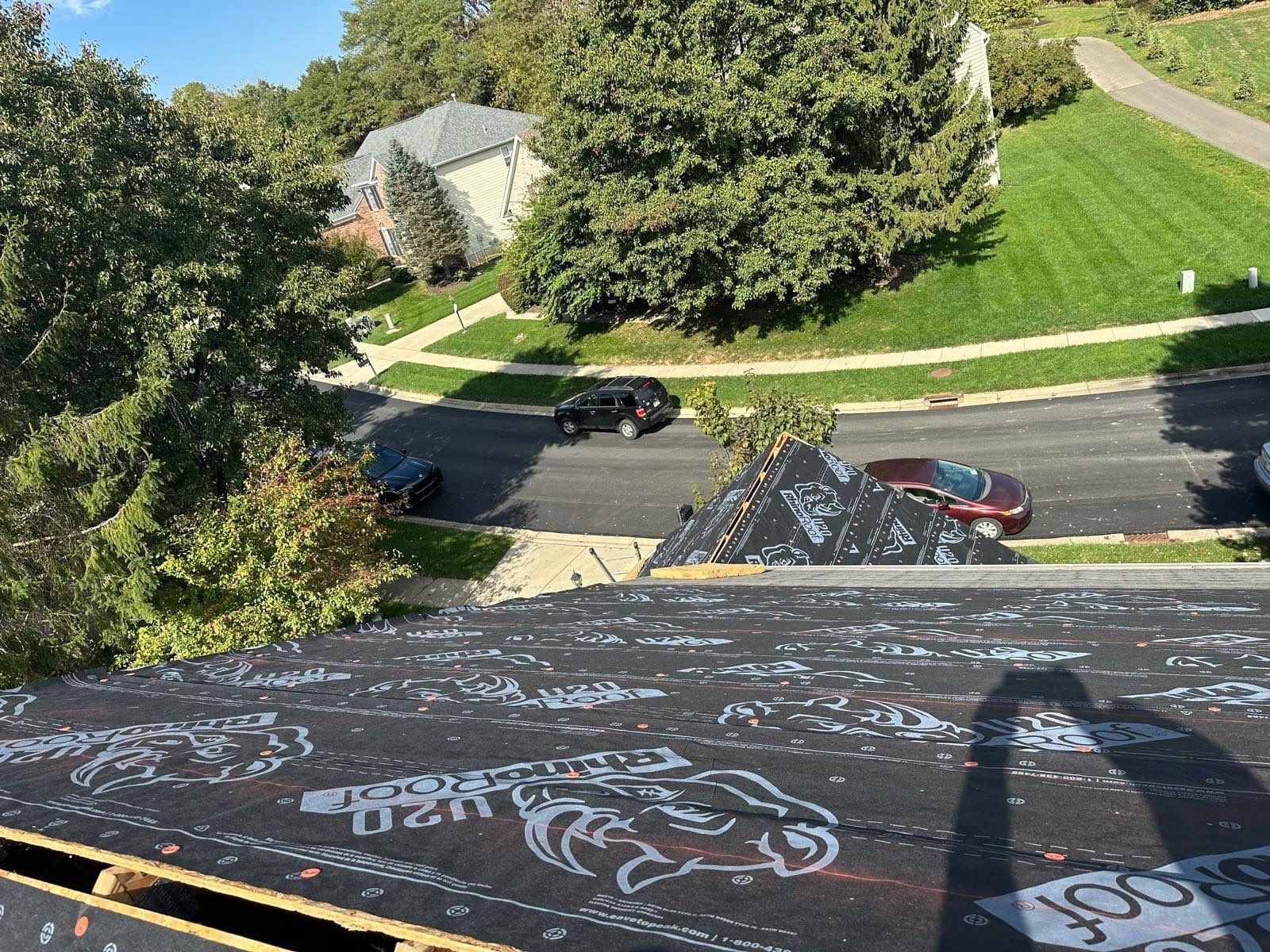 Underlayment on the front slope above the street, Beavercreek, Ohio.