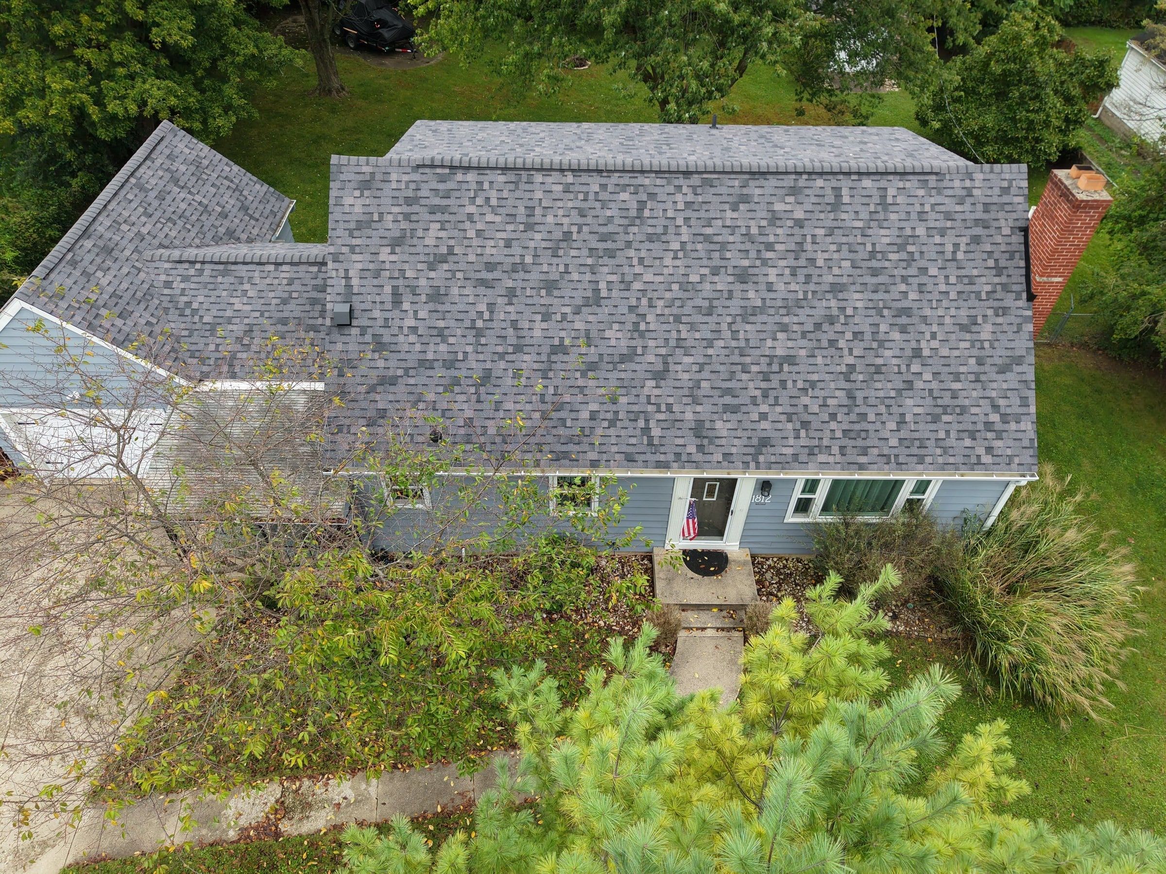 The finished roof from the air, over the front yard, Beavercreek, Ohio.