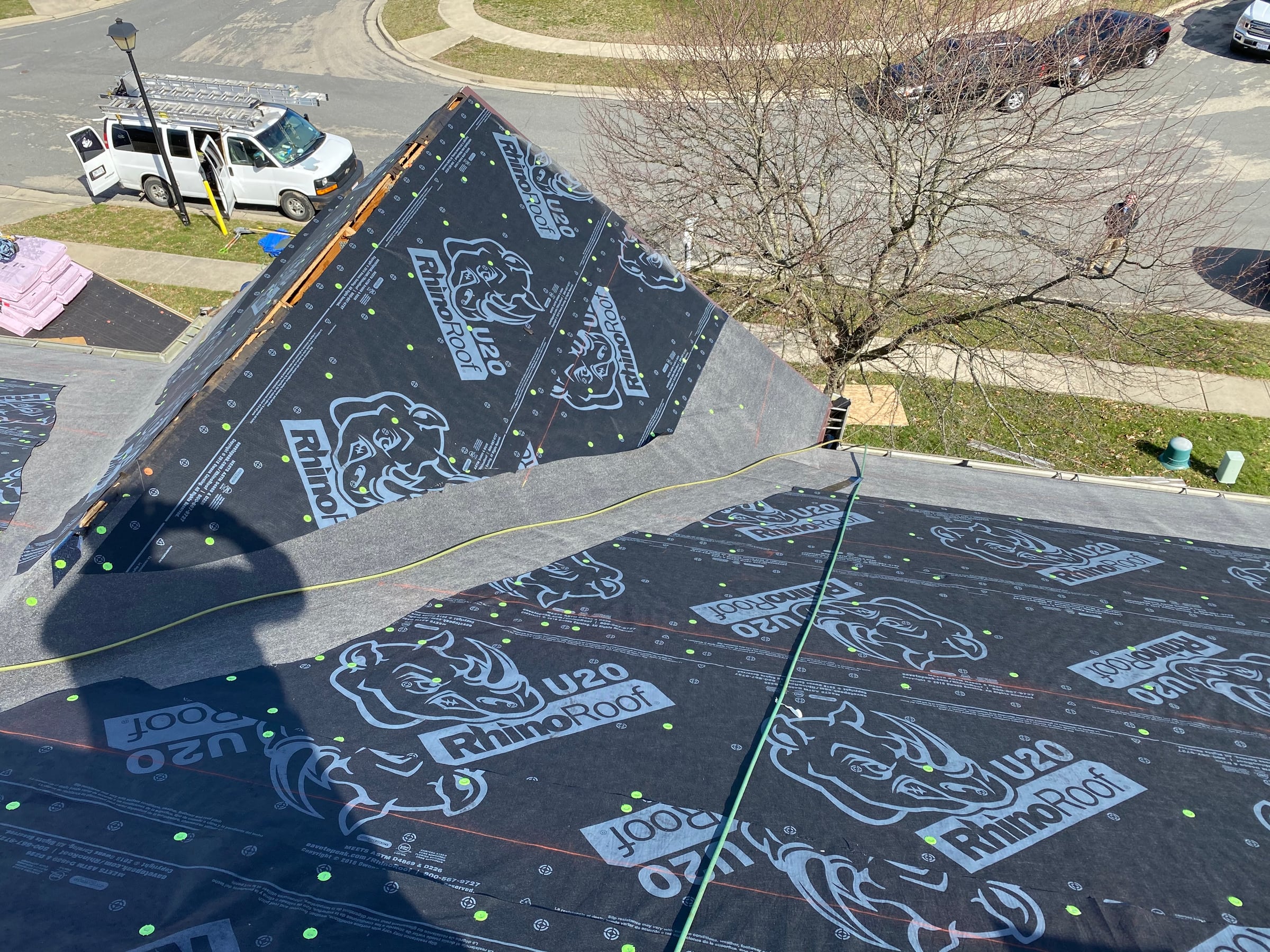 RhinoRoof synthetic underlayment over two slopes above the street, Fairborn, Ohio.