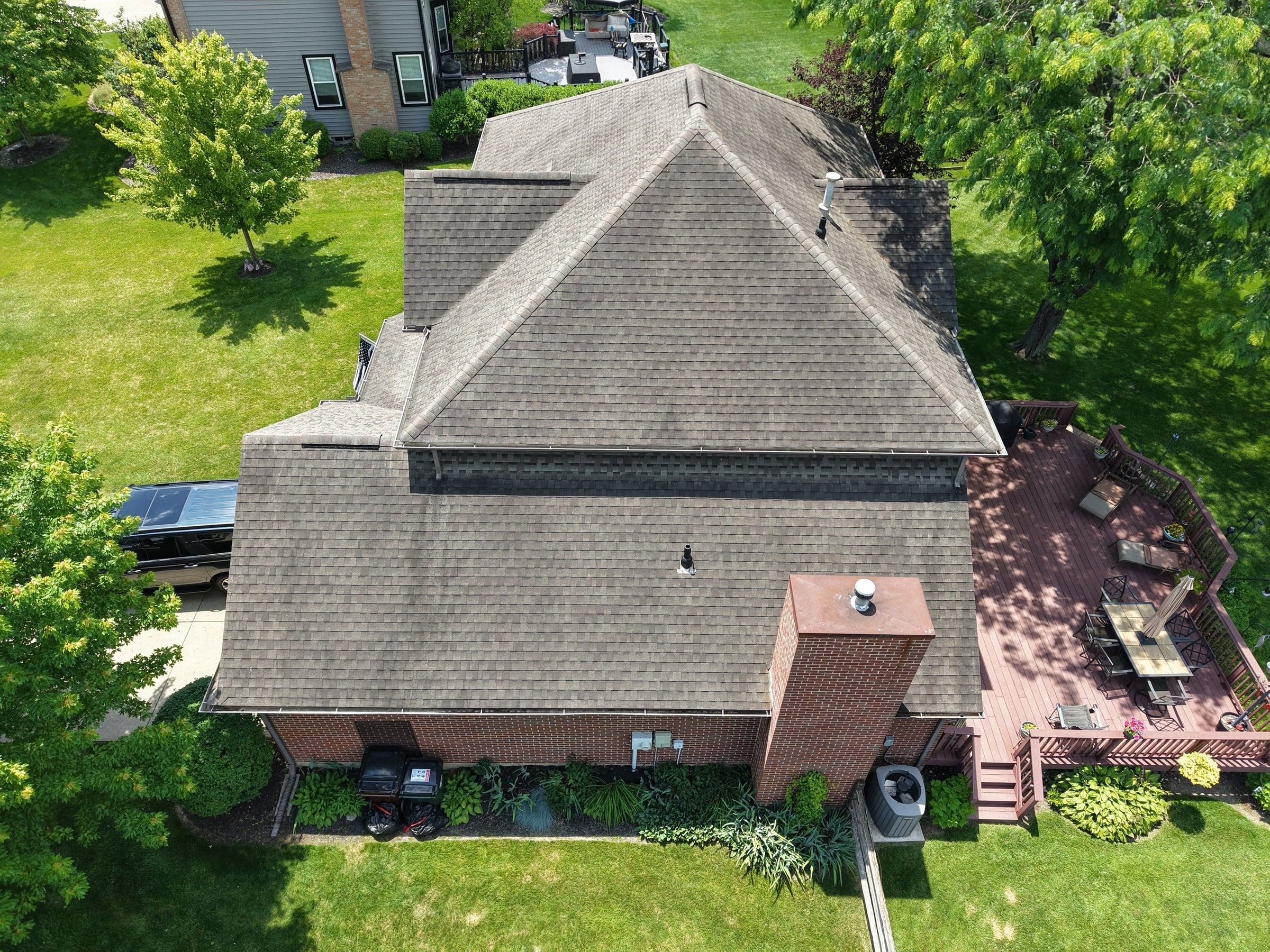 Aerial view of the back of the house and the old roof above the deck, Beavercreek, Ohio.