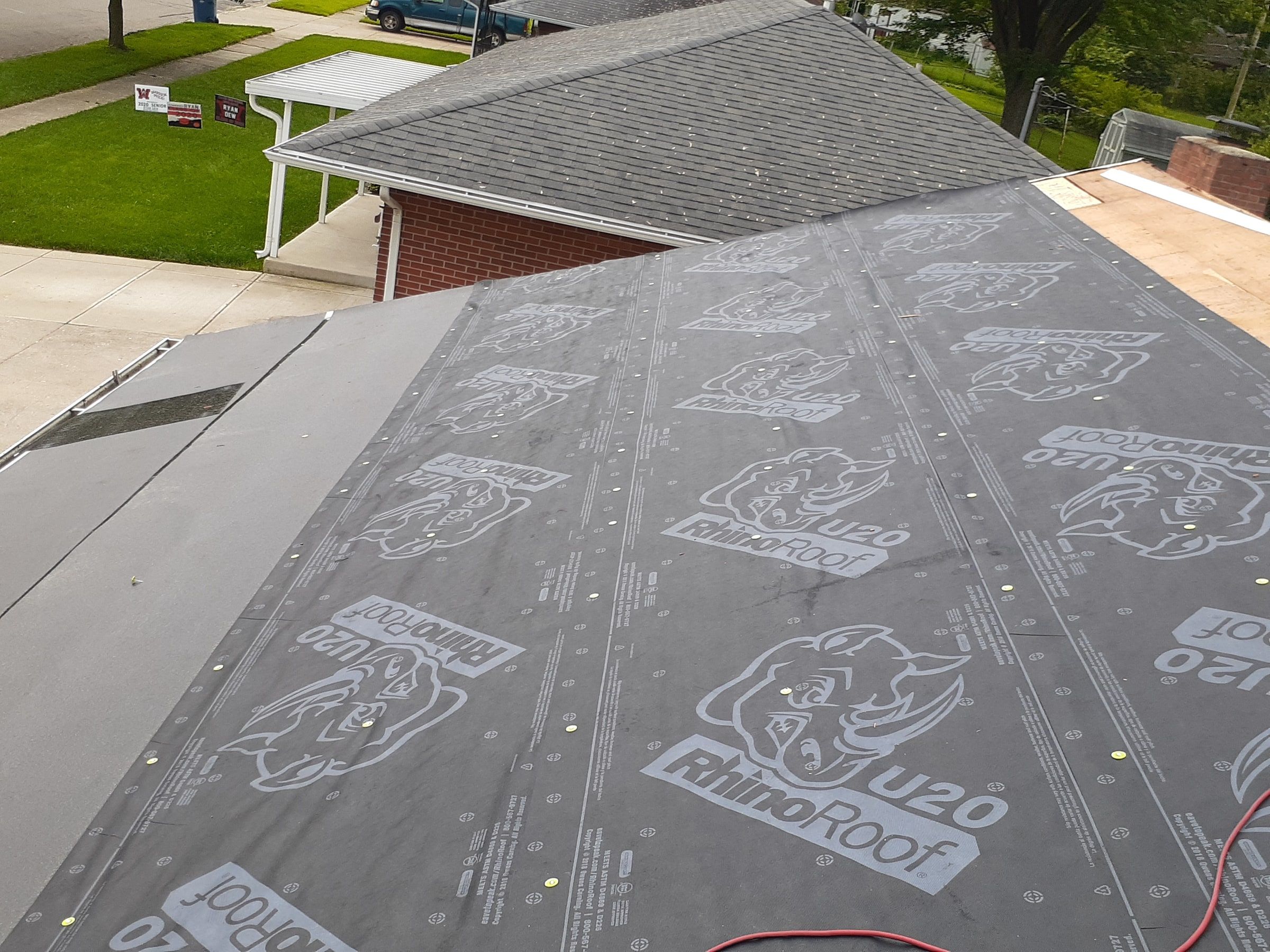RhinoRoof U20 synthetic underlayment across a full slope, Huber Heights, Ohio.