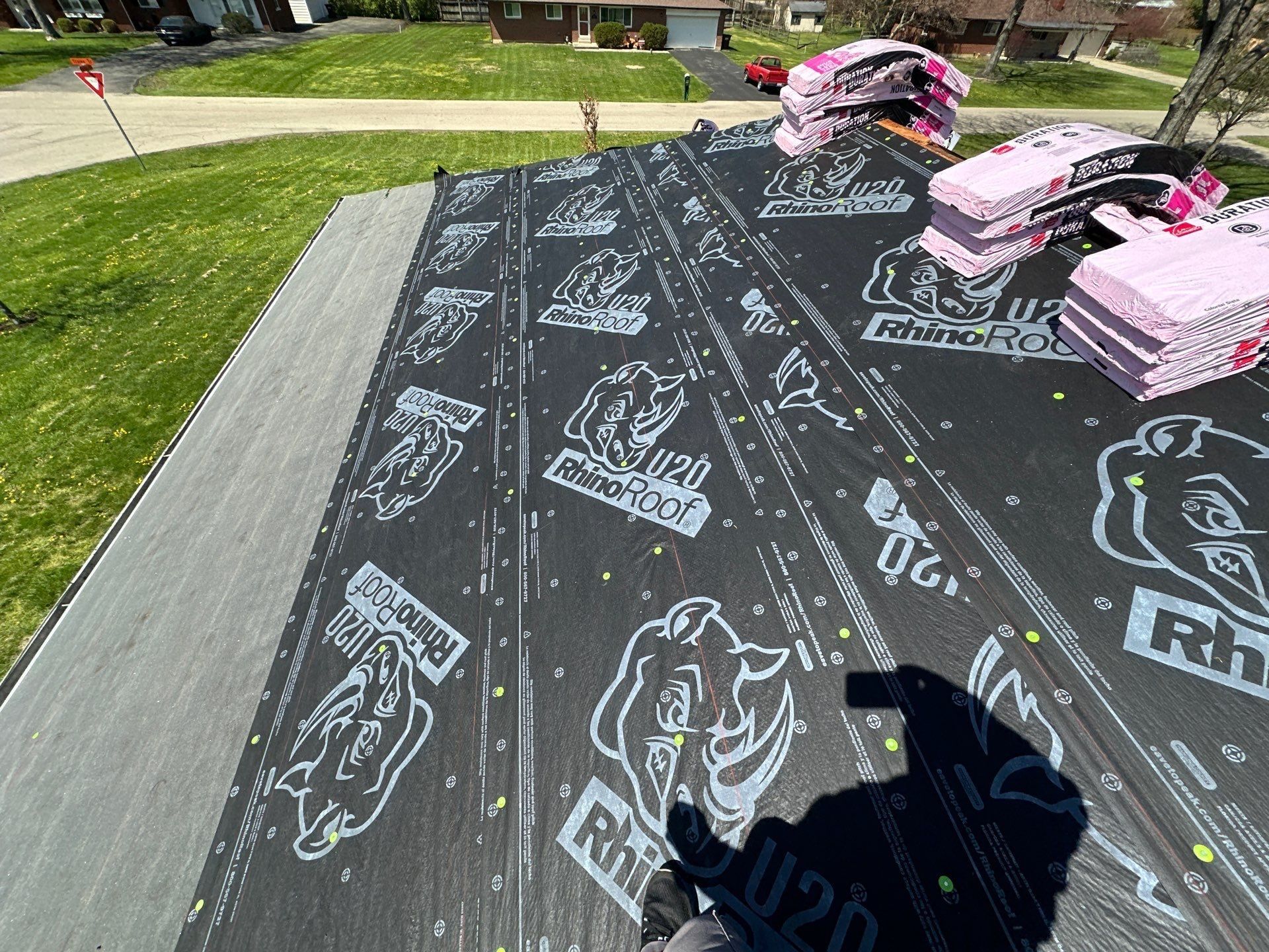 Underlayment covering a full slope with chalk lines ready for shingles, Beavercreek, Ohio.