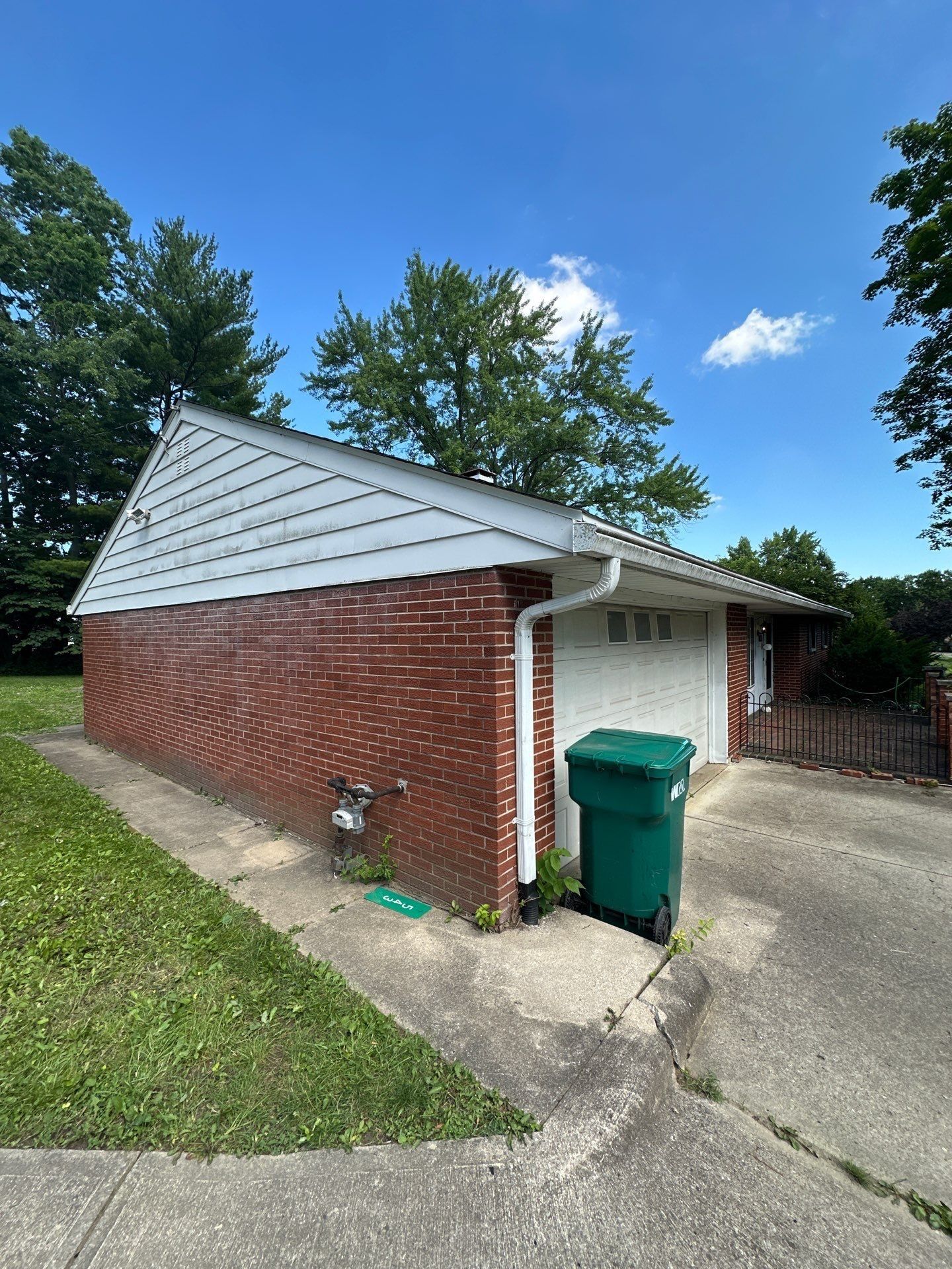 Garage end, gutter and downspout