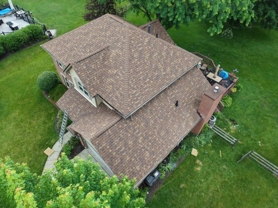 Aerial view of the finished roof and the chimney from the back yard, Beavercreek, Ohio.