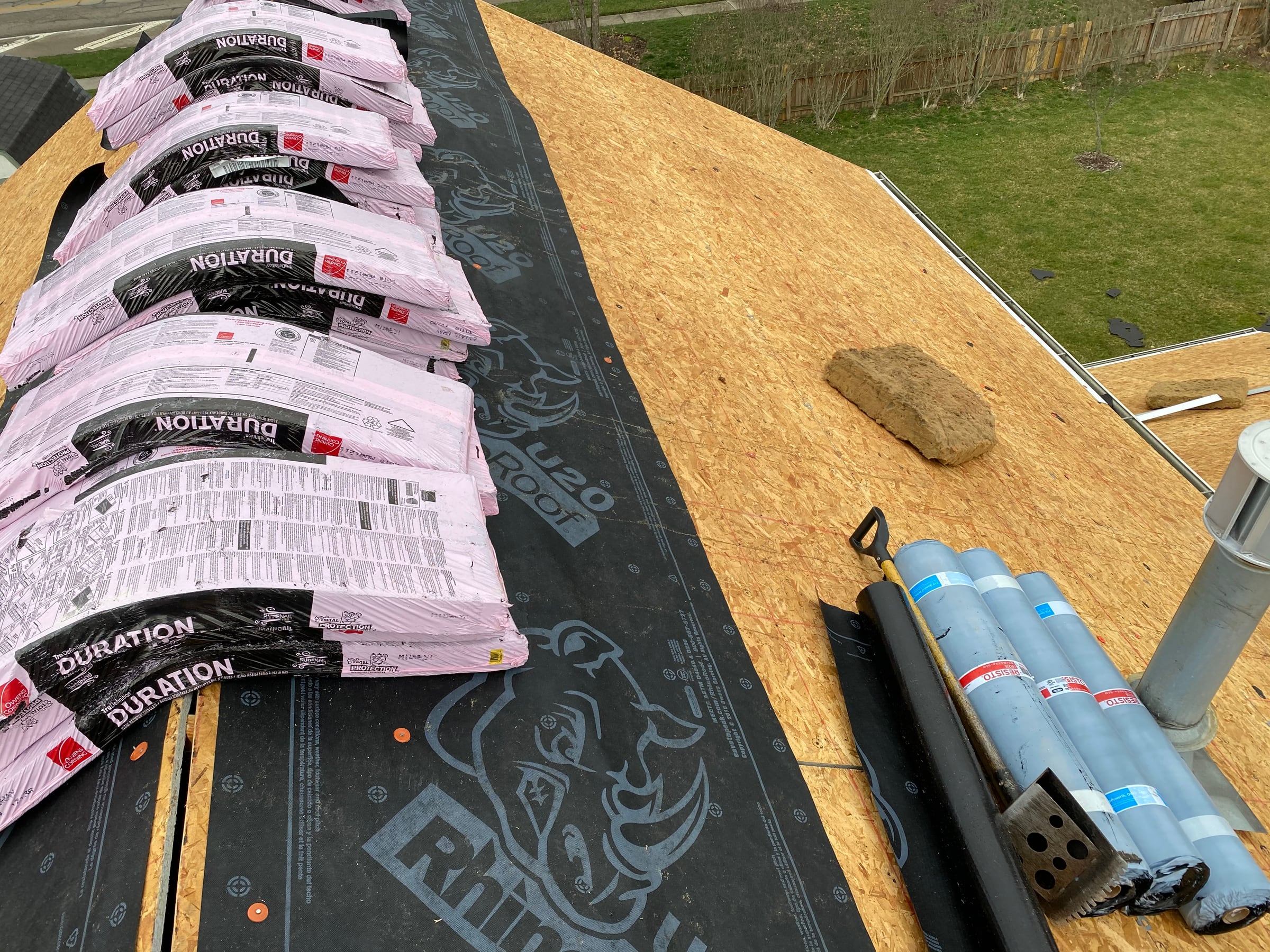 Cleared deck, underlayment run and flue