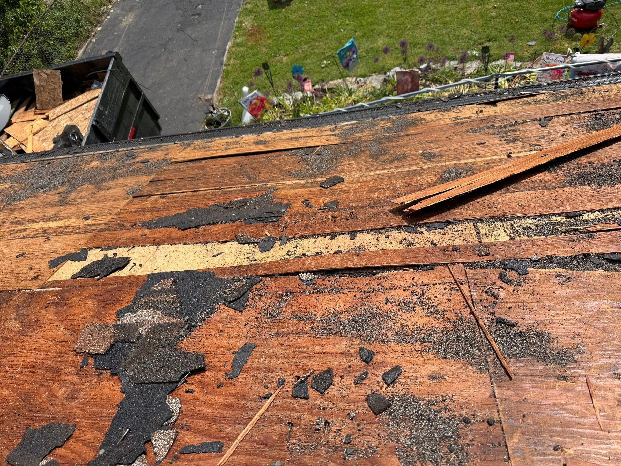 Delaminating plywood at the roof edge above the yard, Dayton, Ohio.