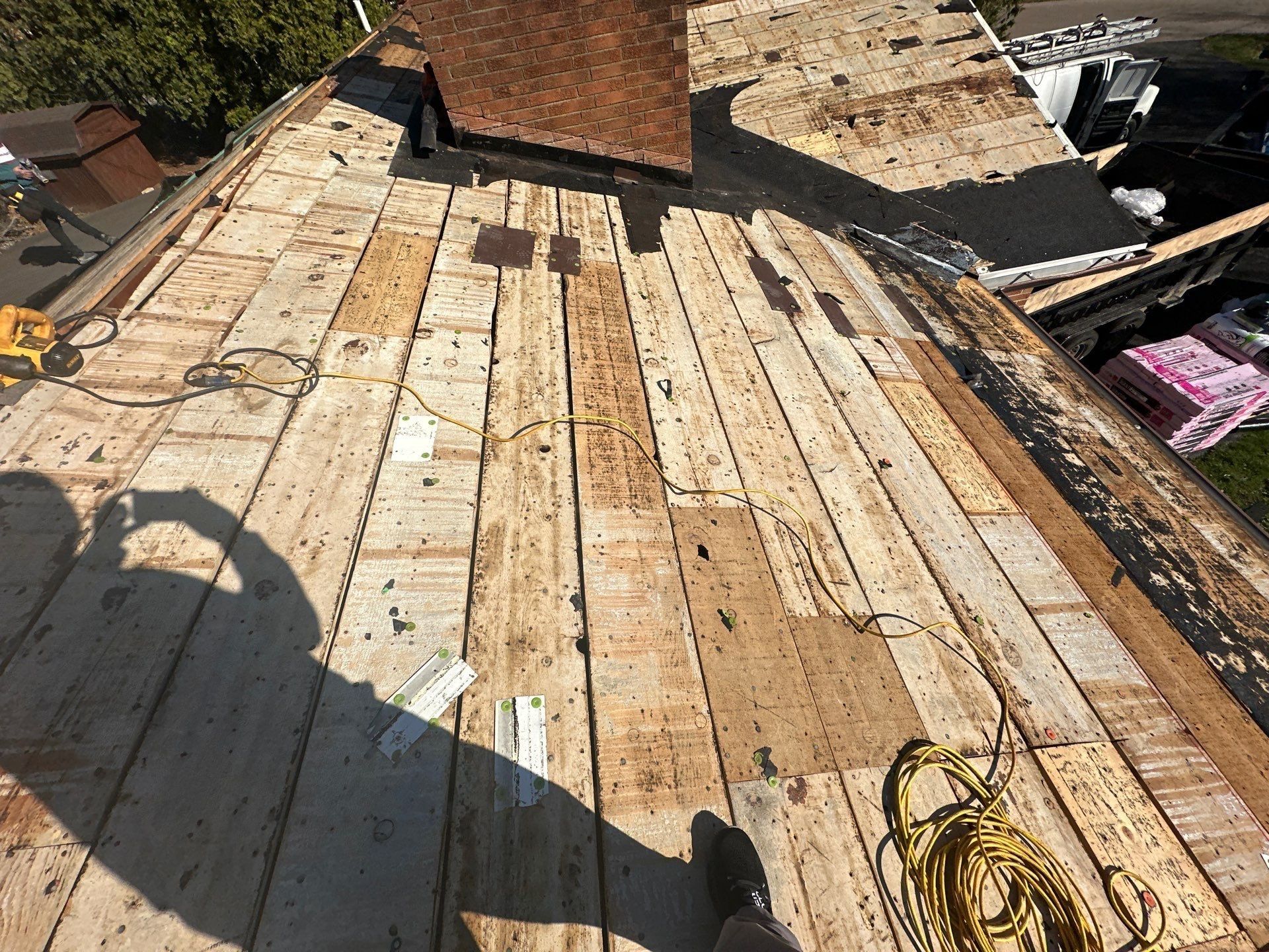 Spaced plank decking running down from the chimney, Beavercreek, Ohio.