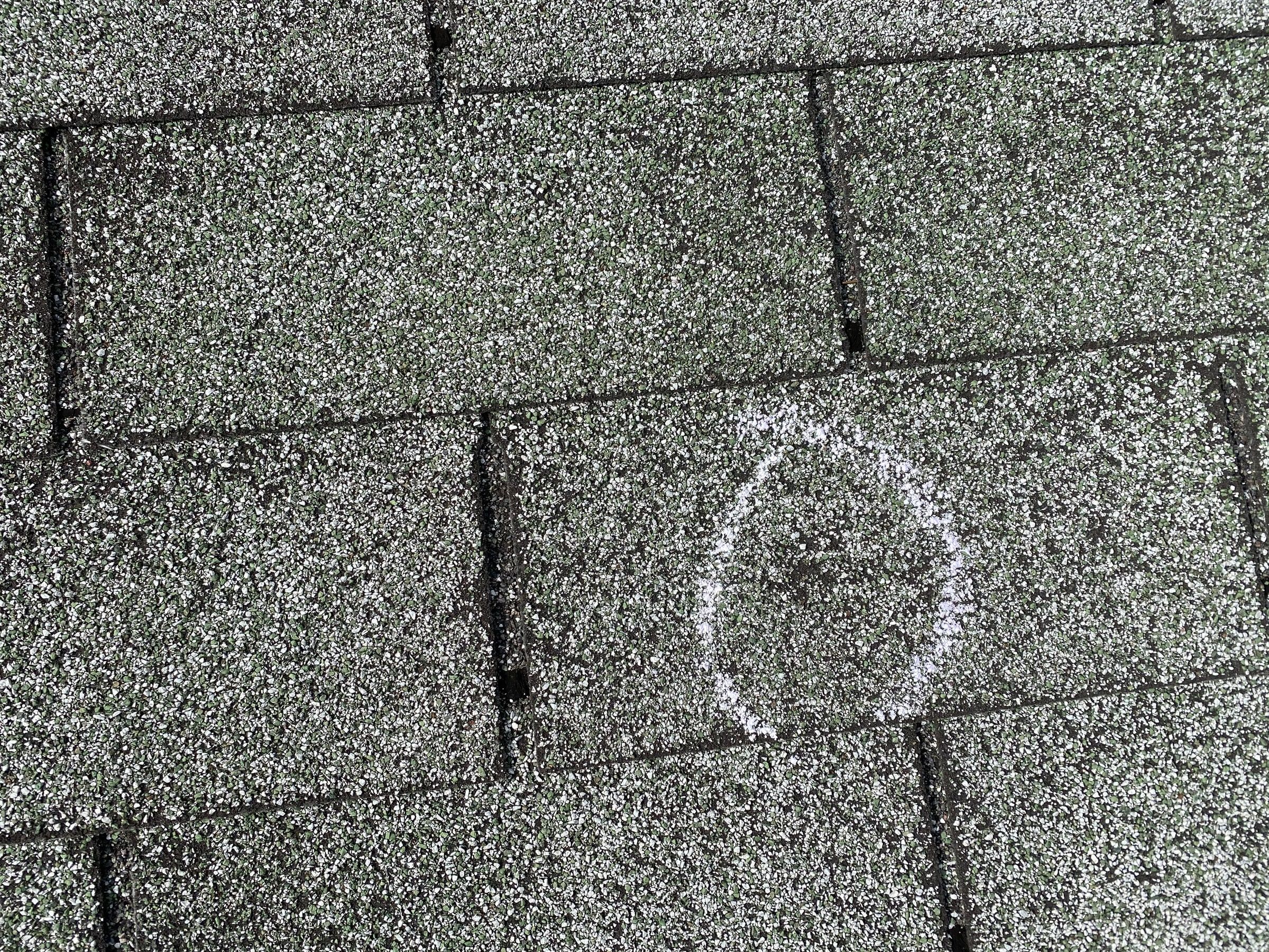 Another chalk circle around a hail bruise near a shingle seam, Kettering, Ohio.