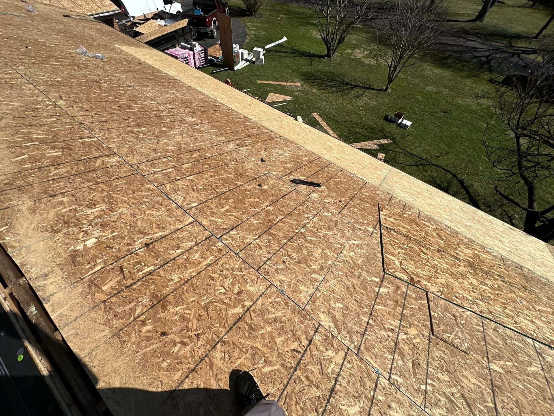 New sheathing covering the plank deck above the yard, Beavercreek, Ohio.