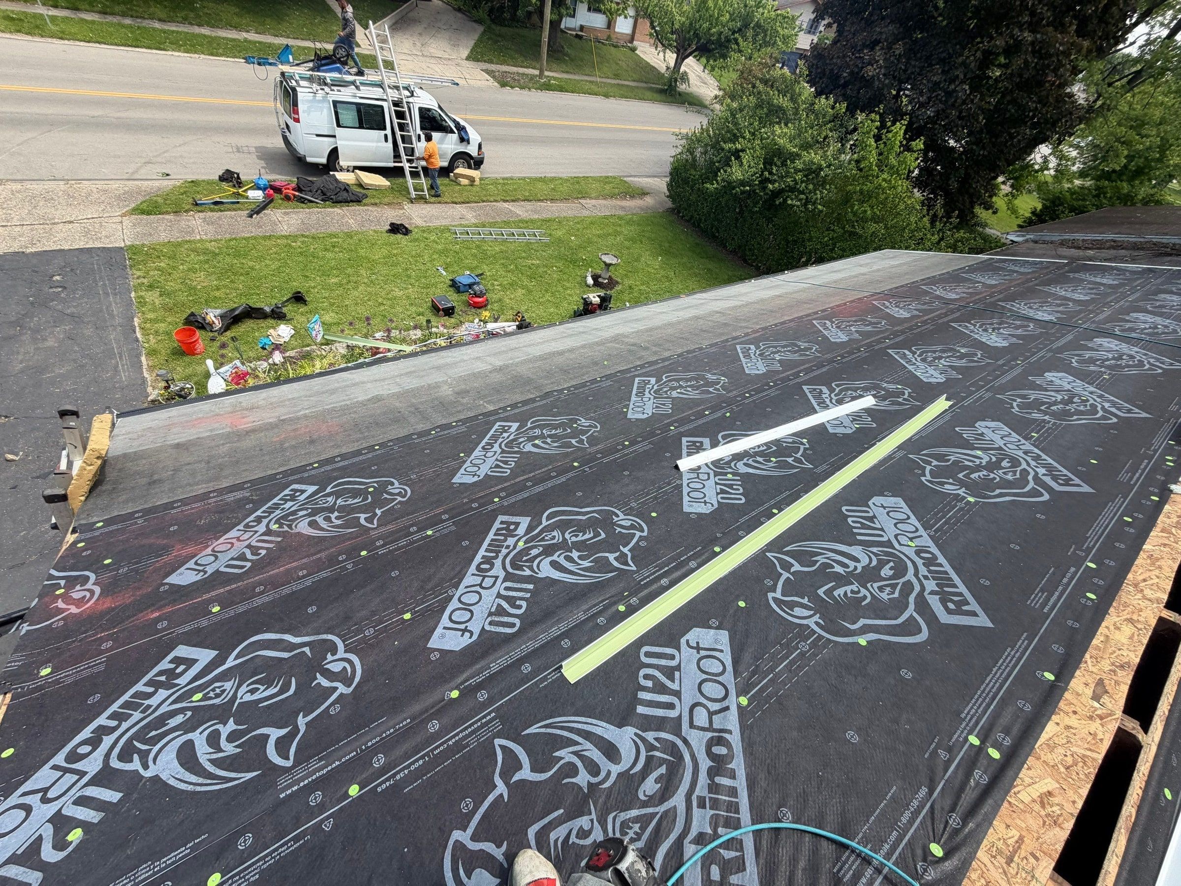 RhinoRoof underlayment on the roof above the front lawn, Dayton, Ohio.