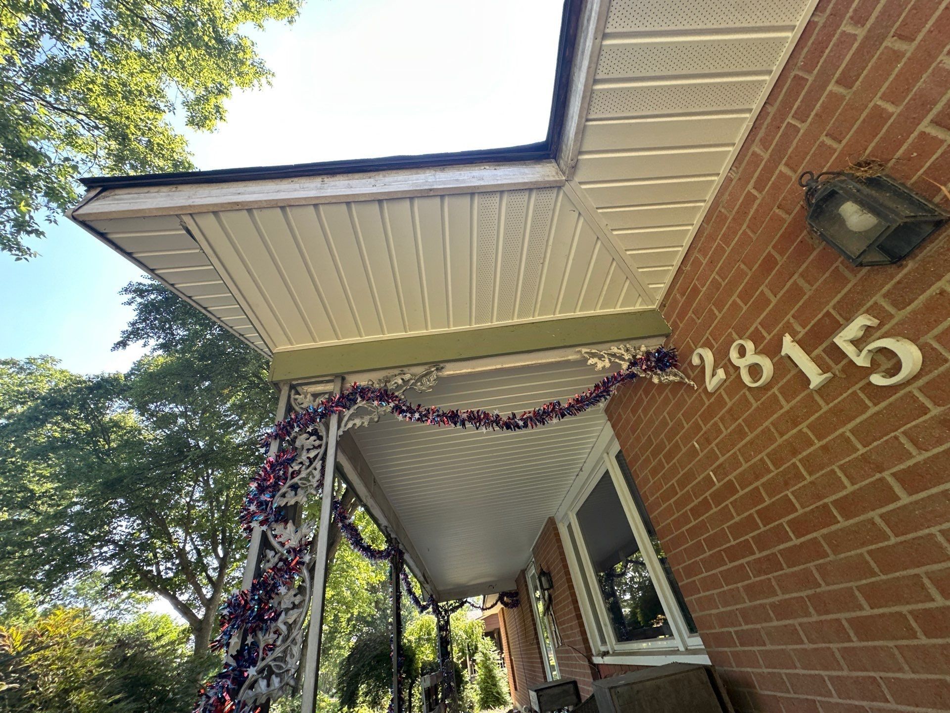 New soffit over the front porch, looking up from the steps, Beavercreek, Ohio.
