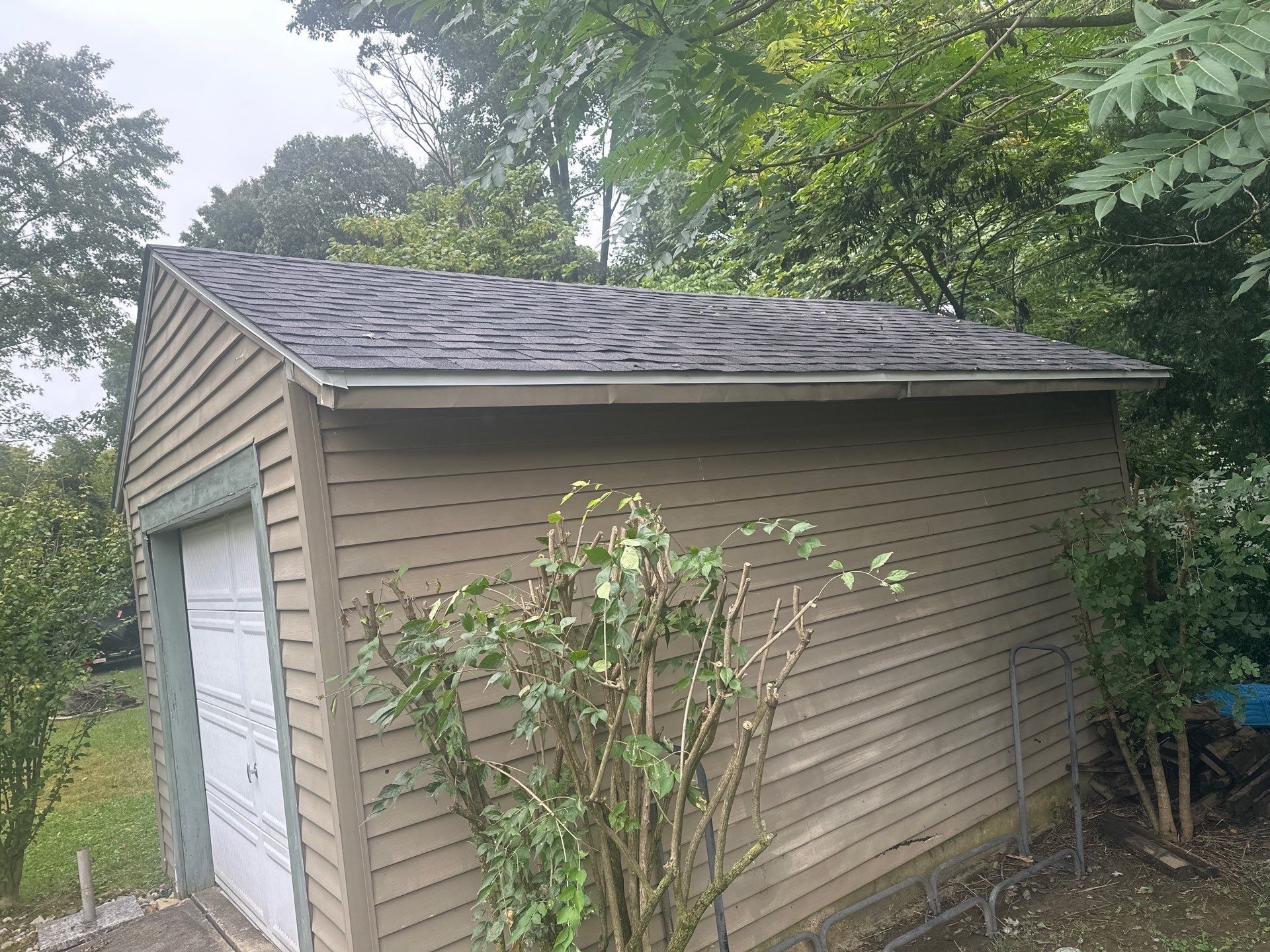 The new roof on the detached garage, from the corner, Beavercreek, Ohio.