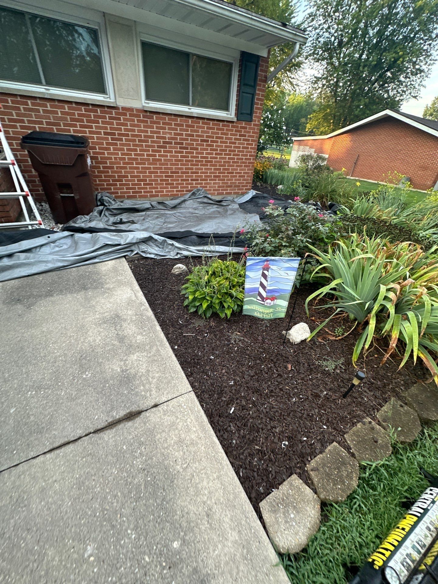 Foundation tarp, mulch bed and walkway