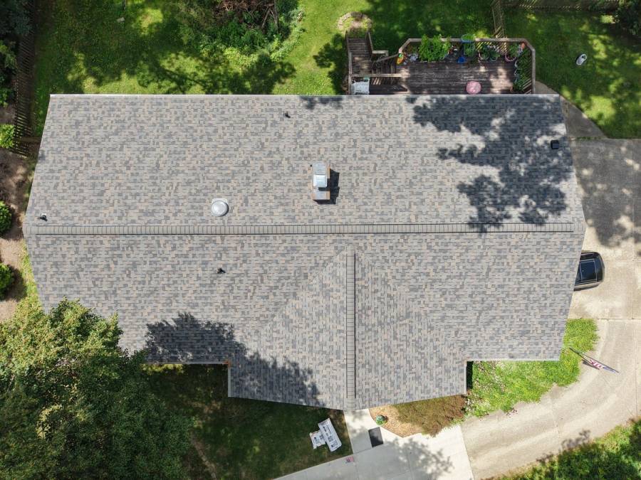 Drone photo of the finished roof on Stauffer Dr, Beavercreek, Ohio.