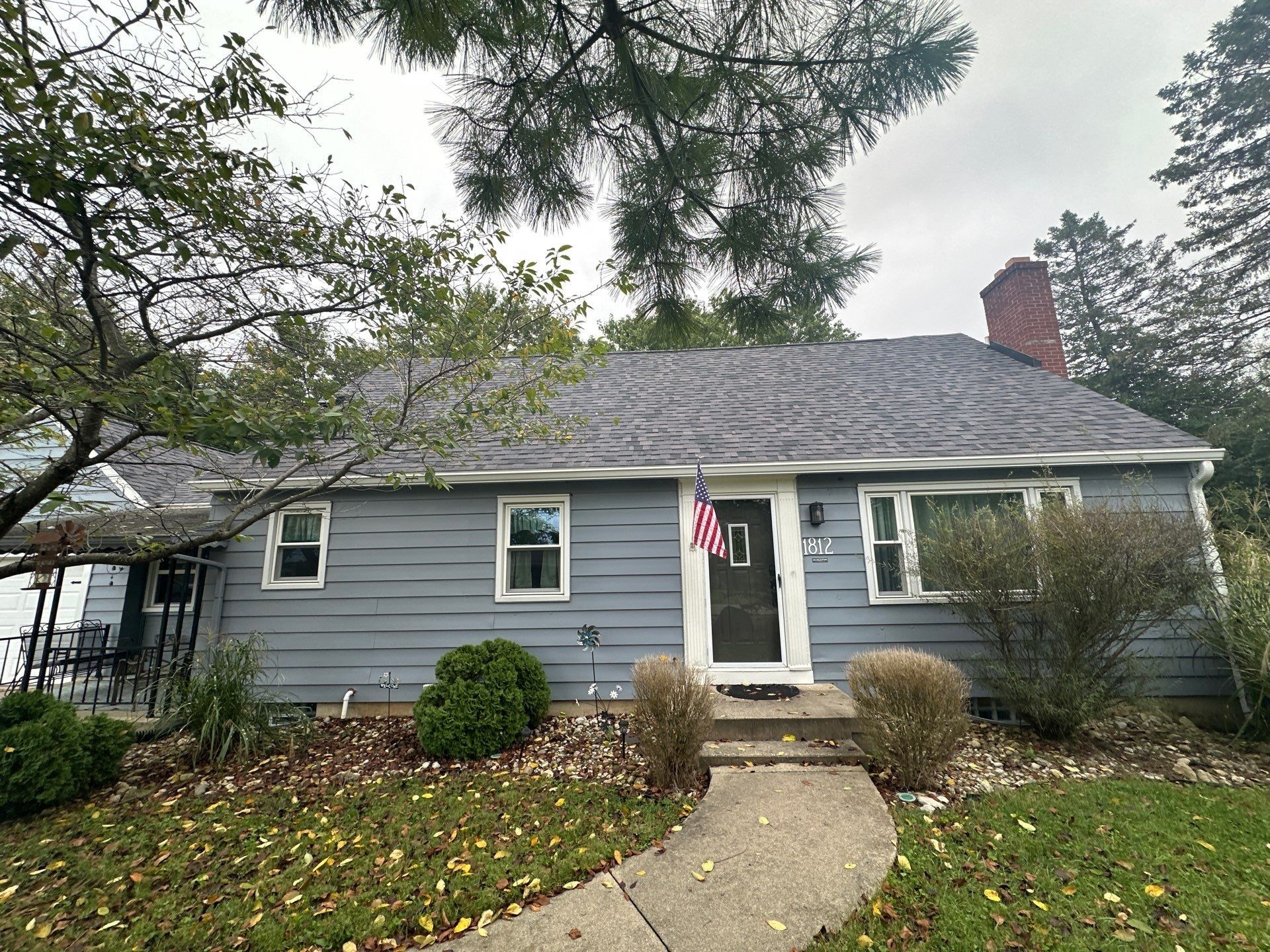 The front of the house with its finished roof, Beavercreek, Ohio.