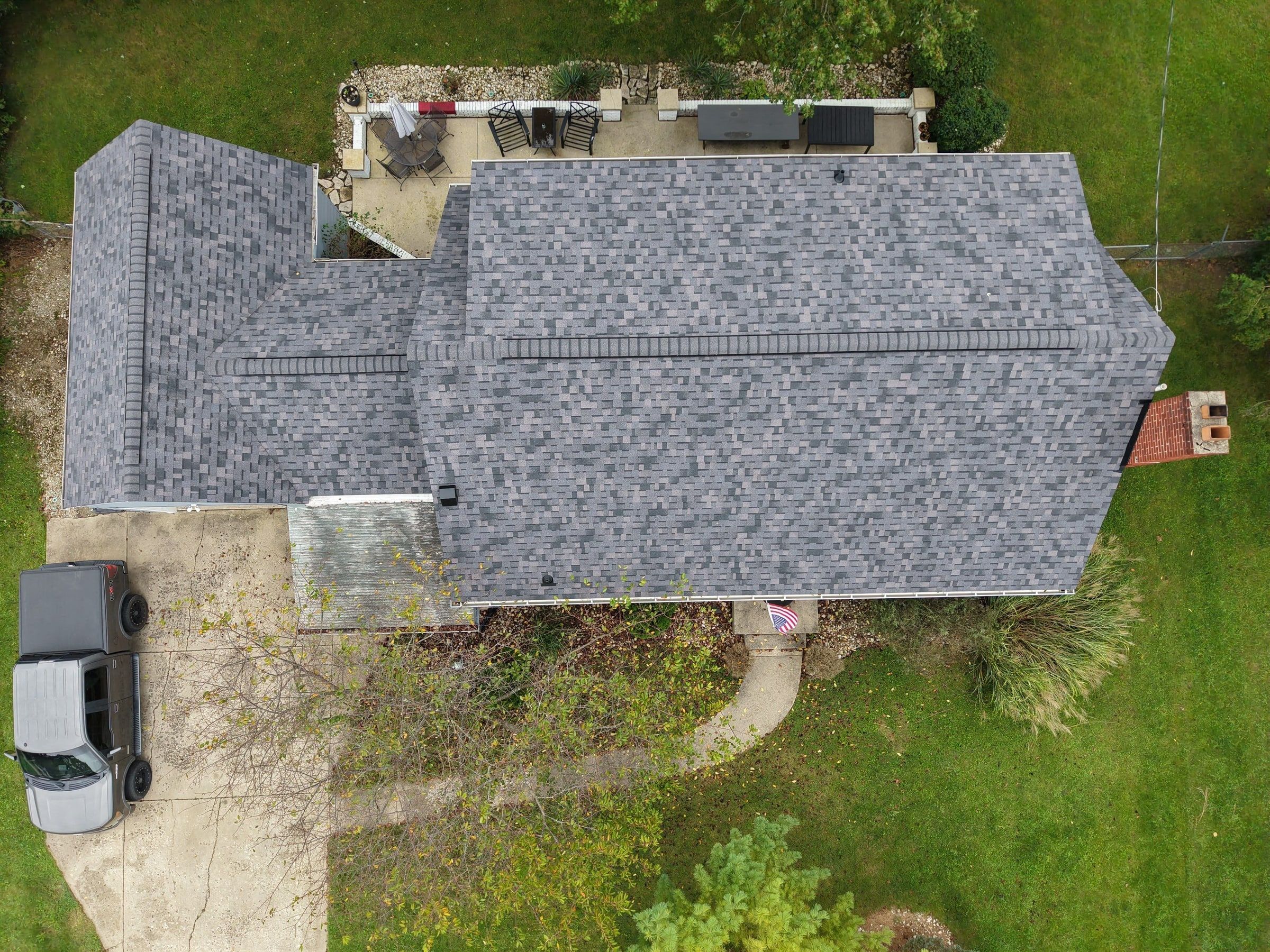 The finished roof from the air, over the driveway and patio, Beavercreek, Ohio.
