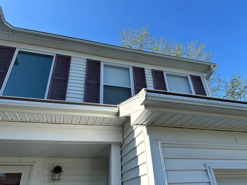 New soffit and trim along the second story and the garage, Bellbrook, Ohio.