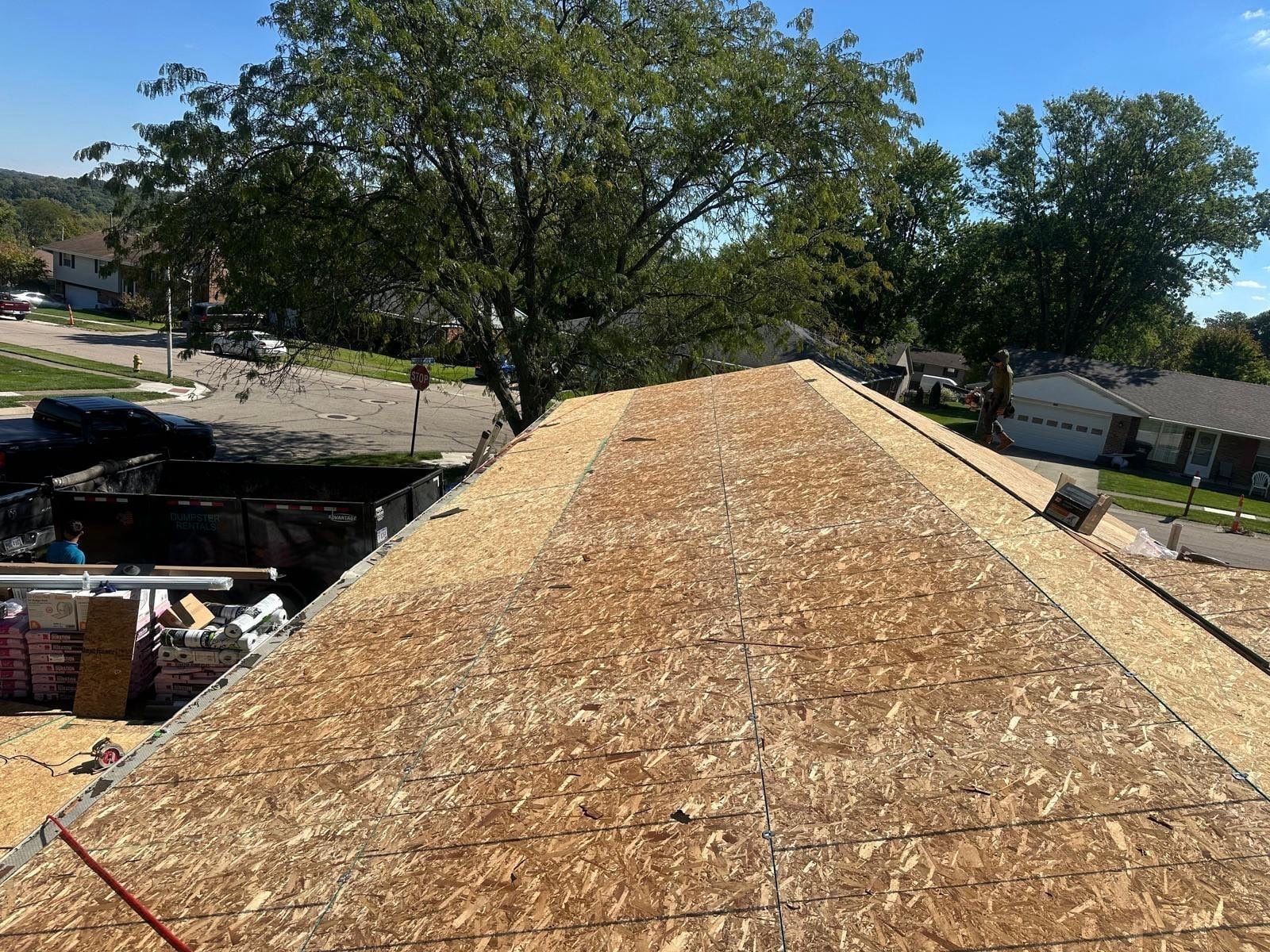 A full slope of new OSB, with the dumpster below, West Carrollton, Ohio.