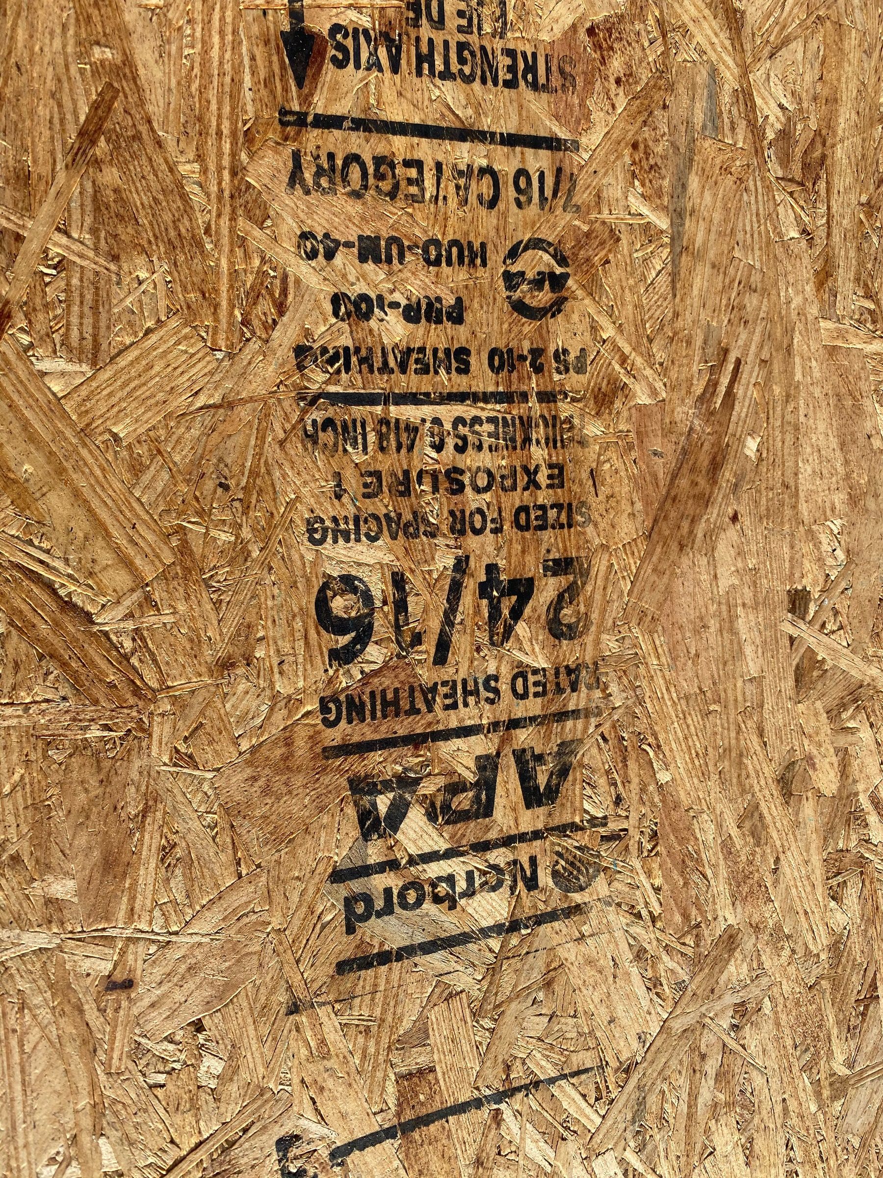 The APA stamp on a new sheet of 7/16 inch OSB, Kettering, Ohio.
