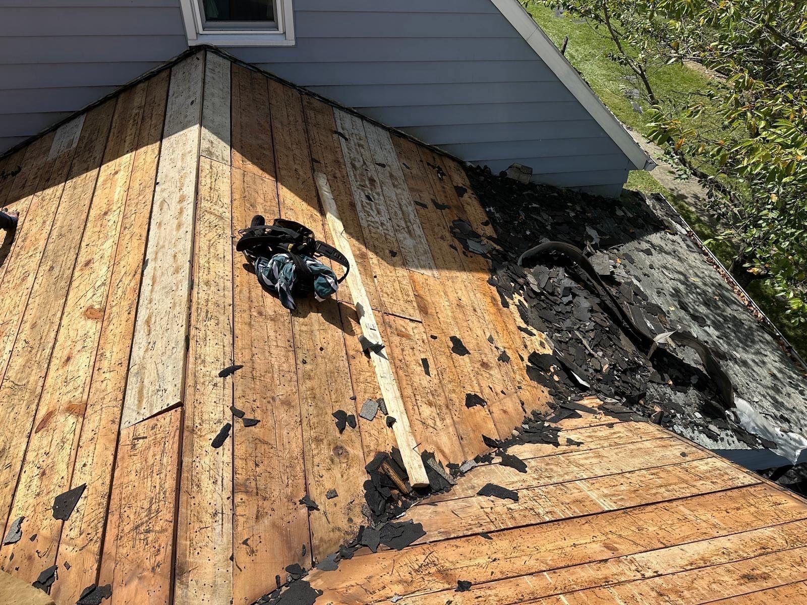 Old shingle scraps beside the bare plank deck, Beavercreek, Ohio.