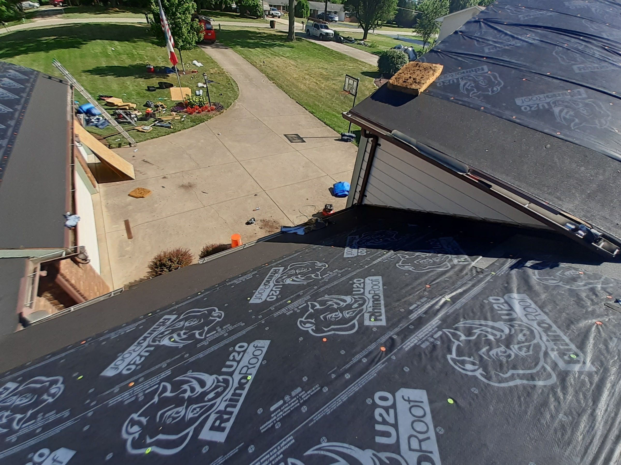 Underlayment meeting the garage roof above the driveway, Jamestown, Ohio.