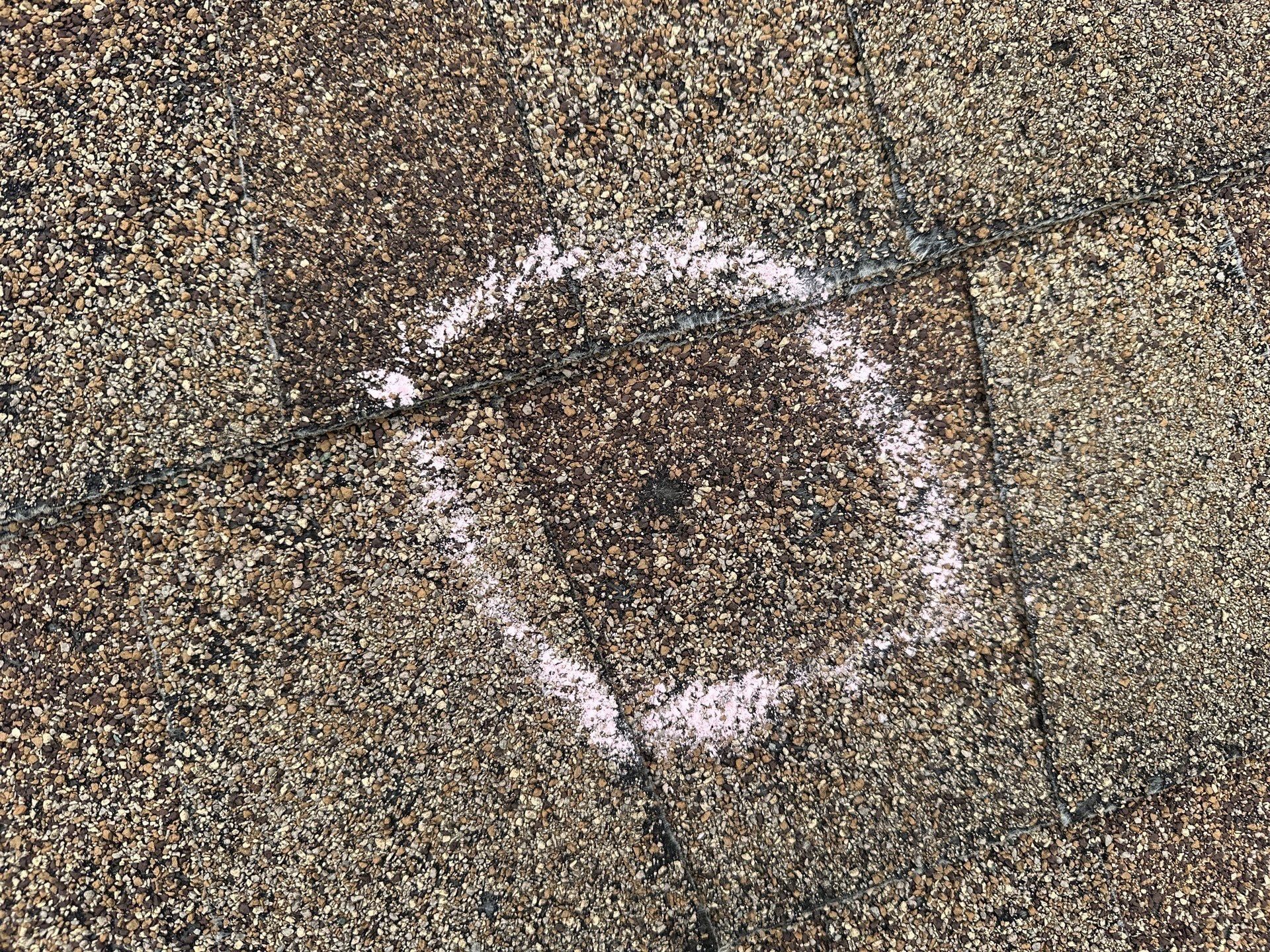 A hail hit circled in chalk on a shingle, Xenia, Ohio.