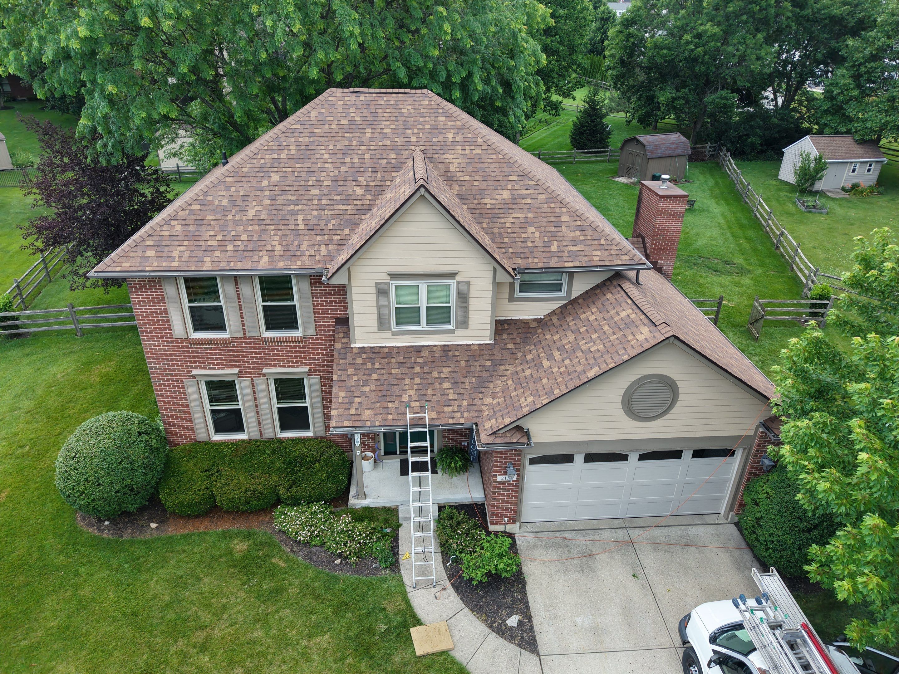 Completed Helping Hands Roofing roof replacement, aerial view, Beavercreek, Ohio