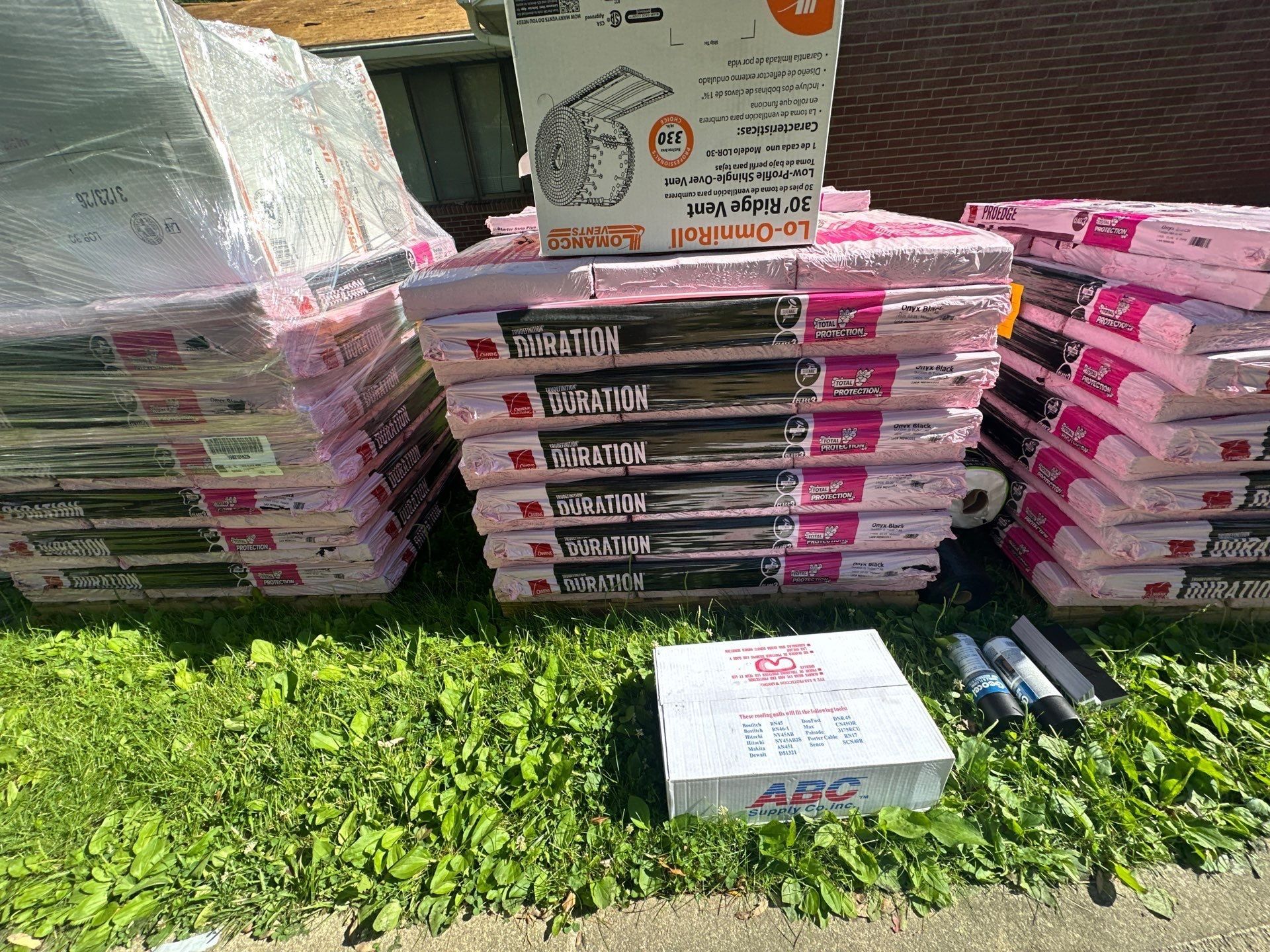 Owens Corning Duration shingle bundles stacked by the house for the new roof, Beavercreek, Ohio.
