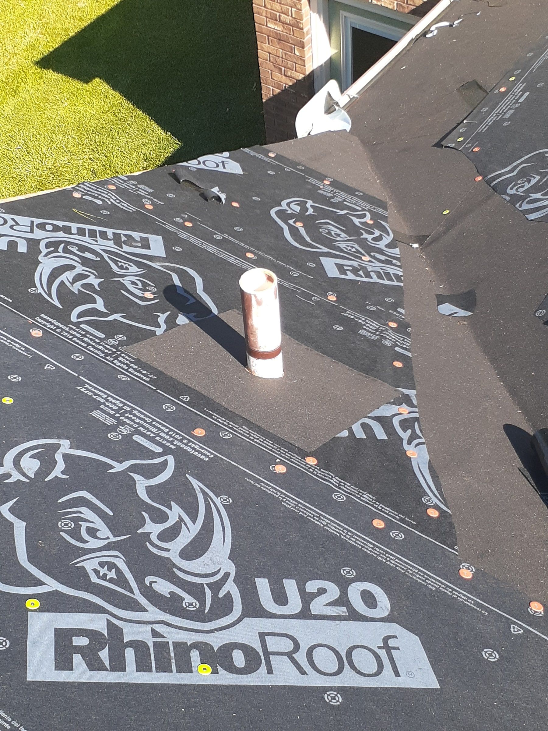 Pipe vent through the RhinoRoof U20 underlayment ready for its boot, Jamestown, Ohio.