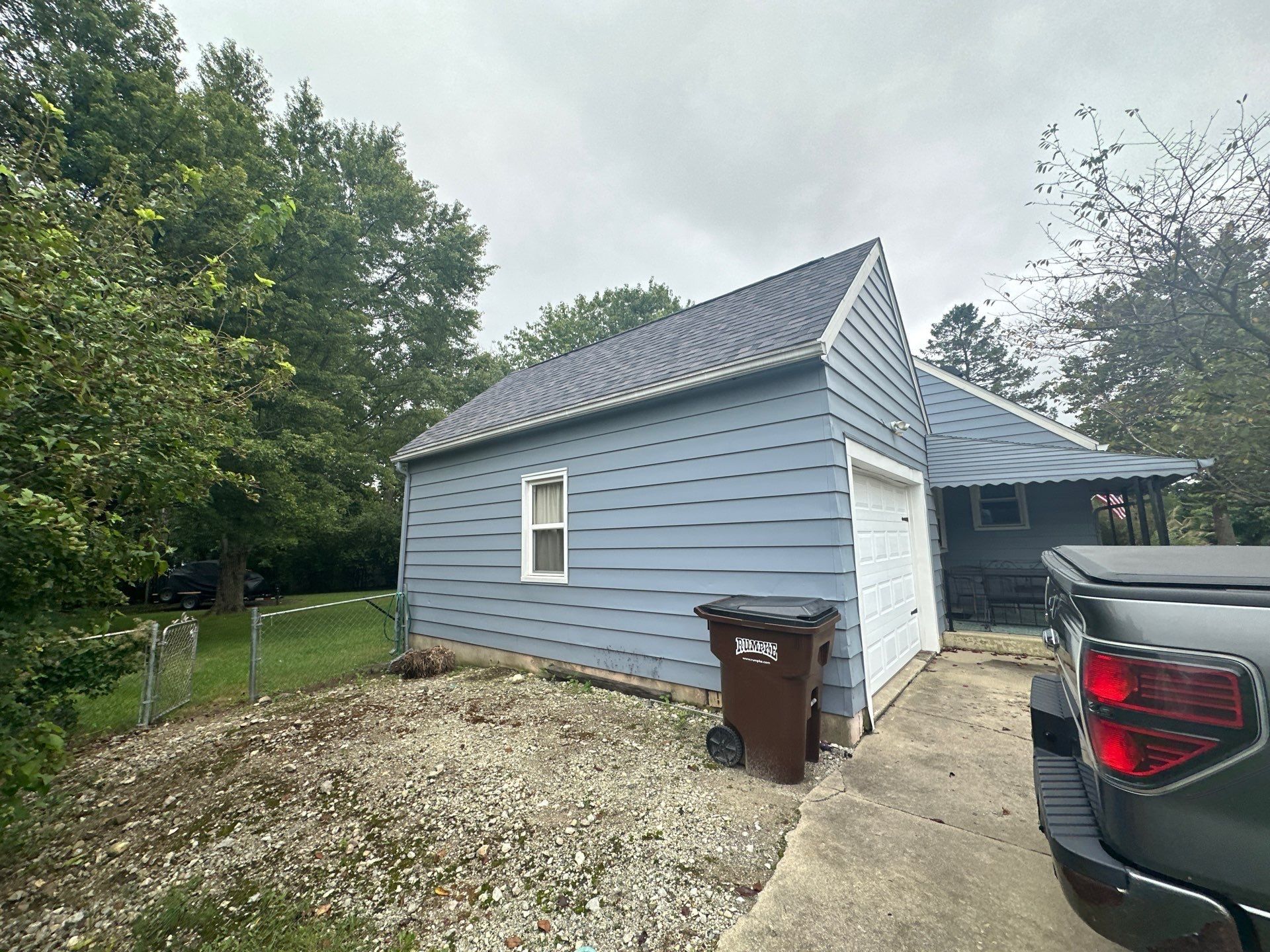 The attached garage with its finished roof, Beavercreek, Ohio.