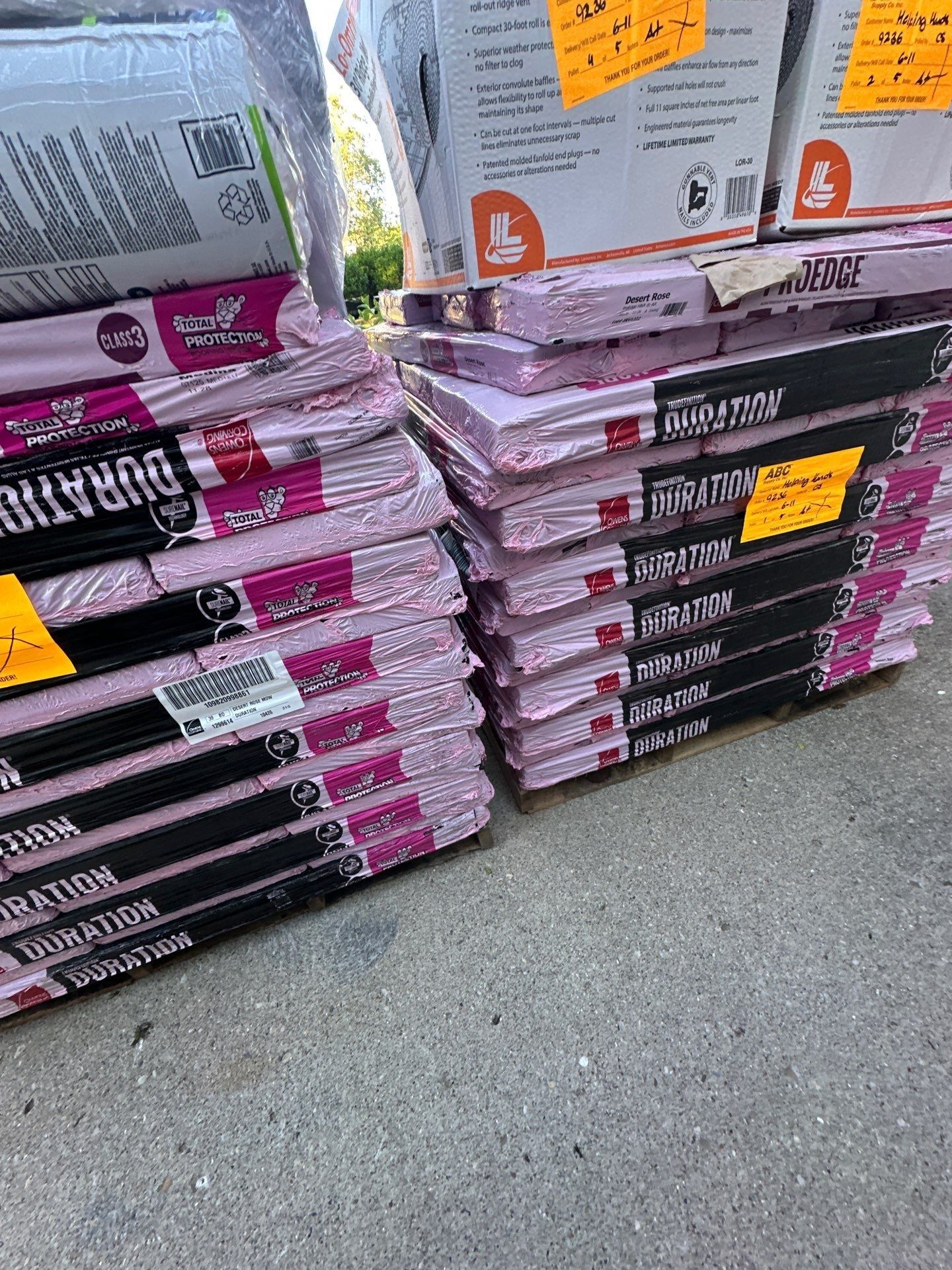 Pallets of Owens Corning Duration shingles delivered to the job, Beavercreek, Ohio.