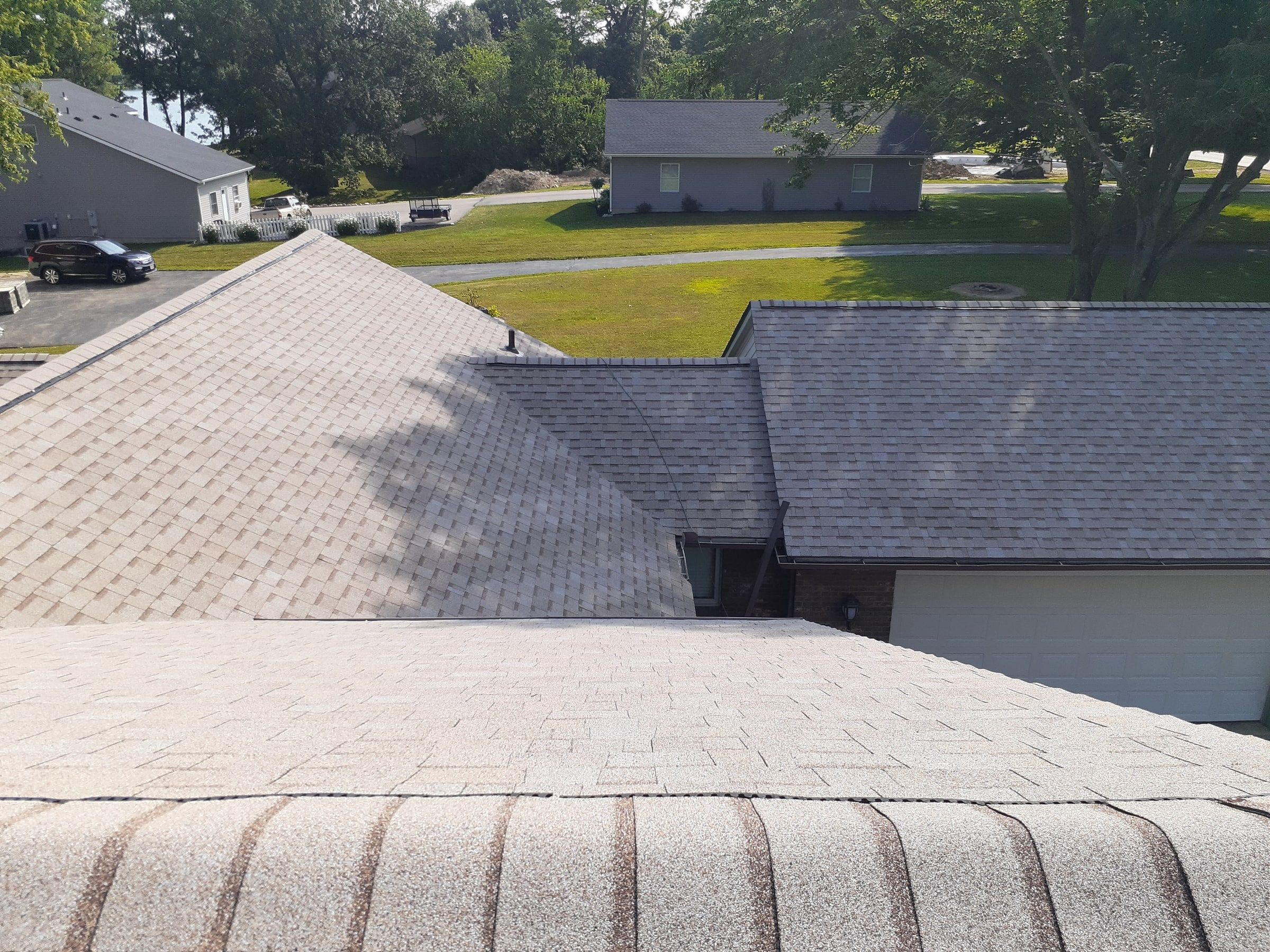 Finished roof over the garage seen from the top of the hip, Jamestown, Ohio.