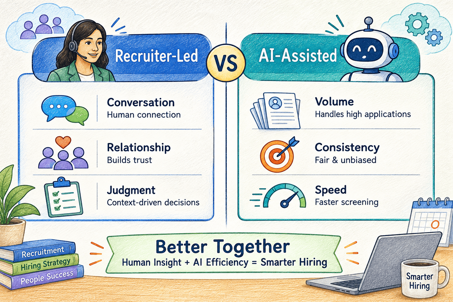 Recruiter-led phone screening builds rapport while AI-assisted screening adds speed and scale