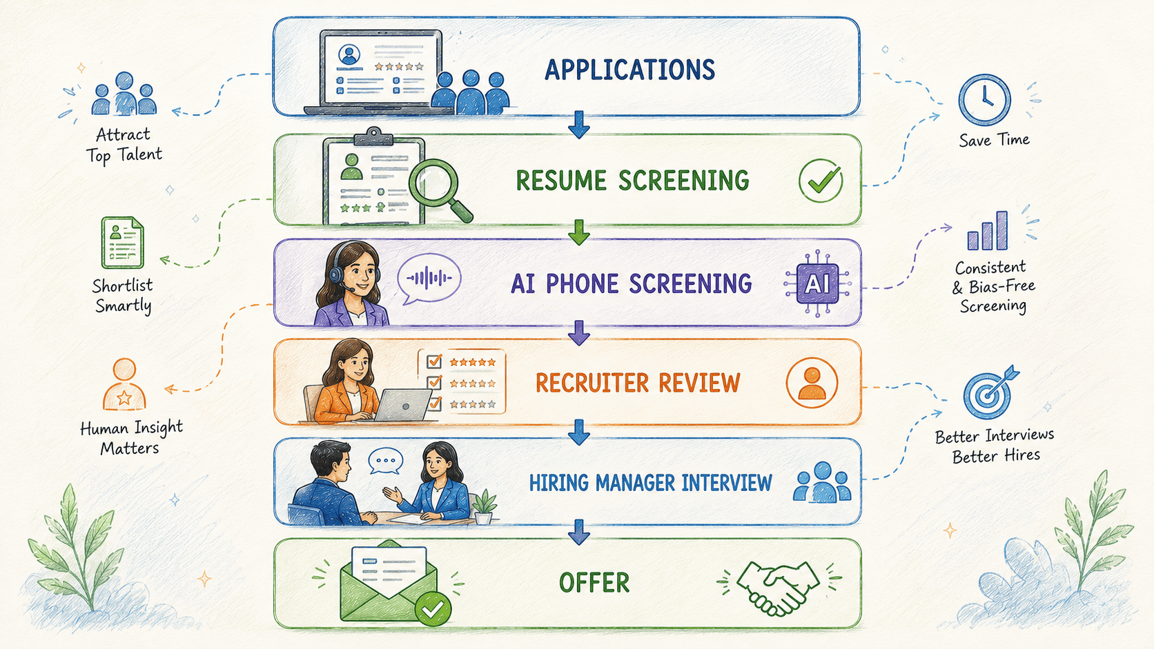 Modern hiring pipeline from applications through resume and AI phone screening to offer