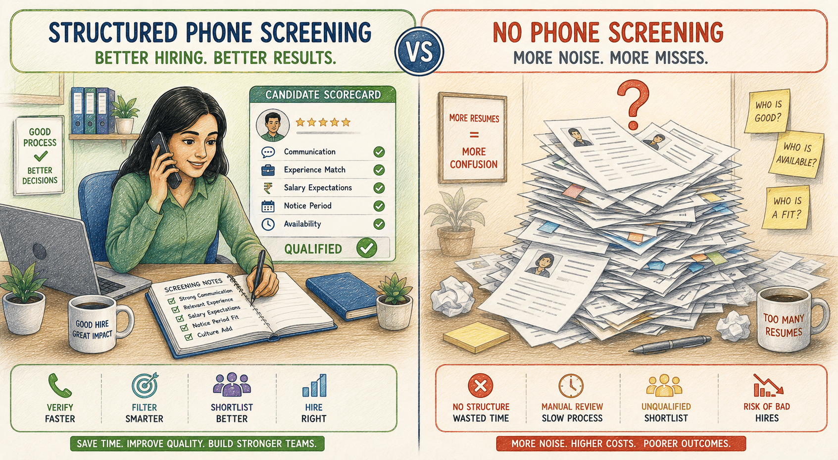 Structured phone screening produces a scored shortlist while skipping it leaves a resume pile