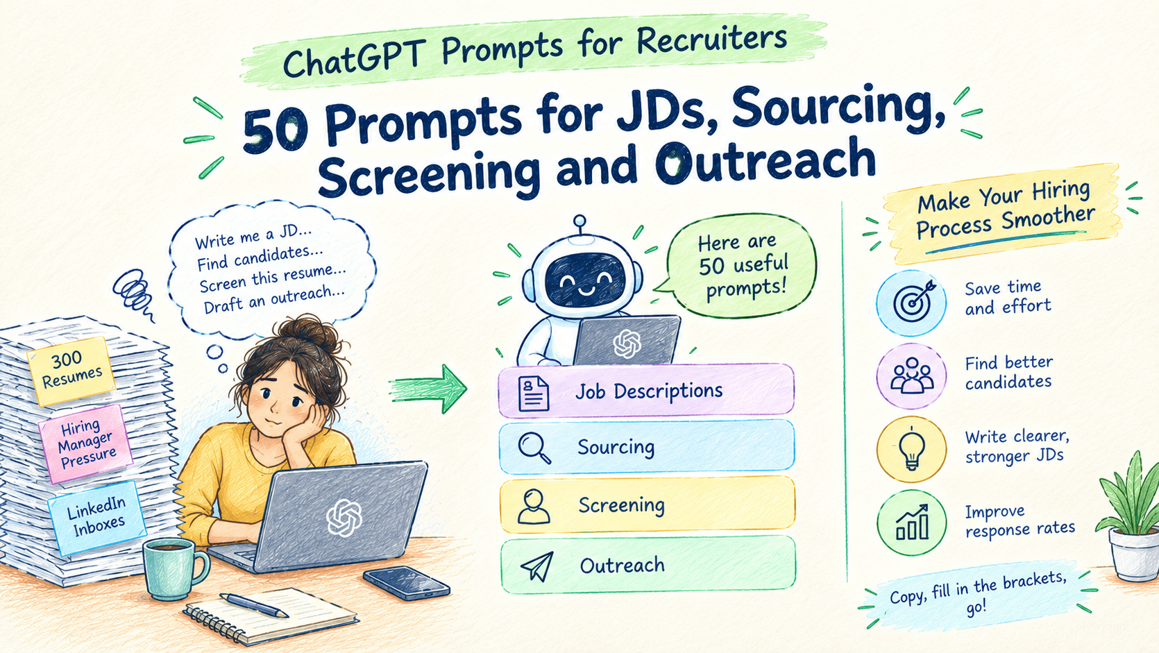 ChatGPT Prompts for Recruiters: 50 Prompts for JDs, Sourcing, Screening and Outreach