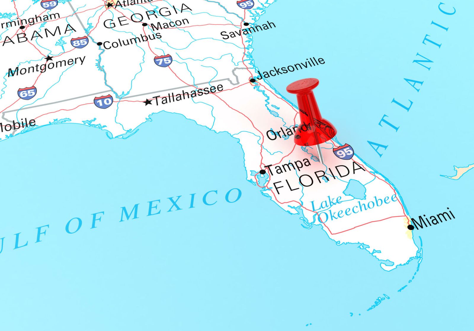 A map with pin in the state of Florida