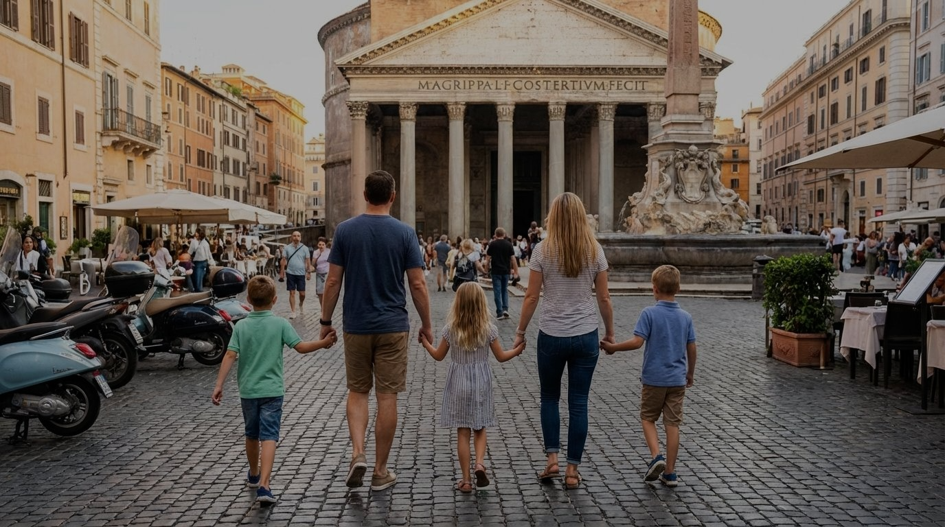 Family of five walking hand in hand together
