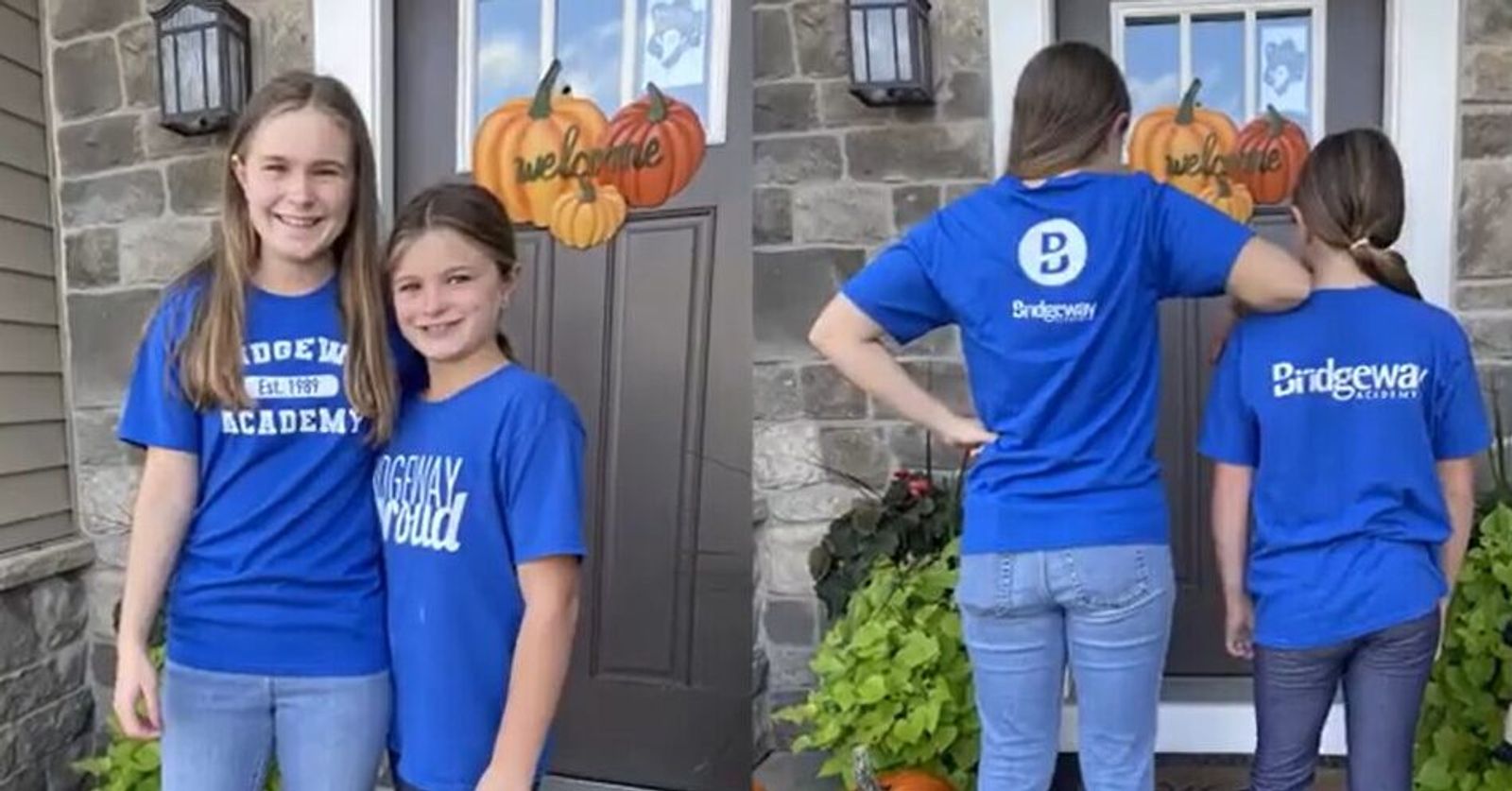 Two girls wearing bridgeway t-shirts